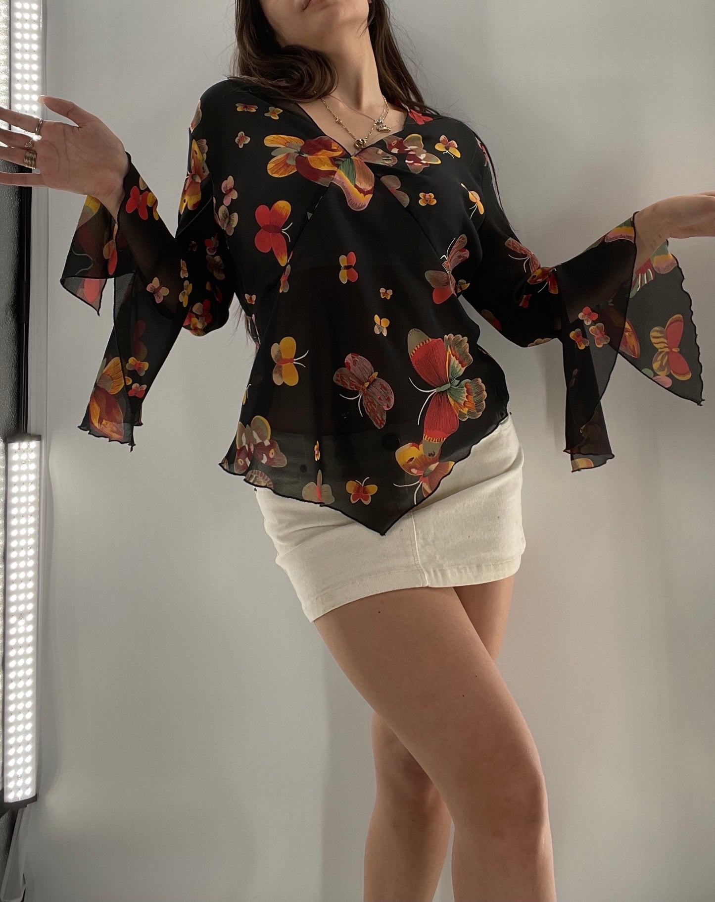 Vintage Butterfly Printed Sheer Bell Sleeve (S)