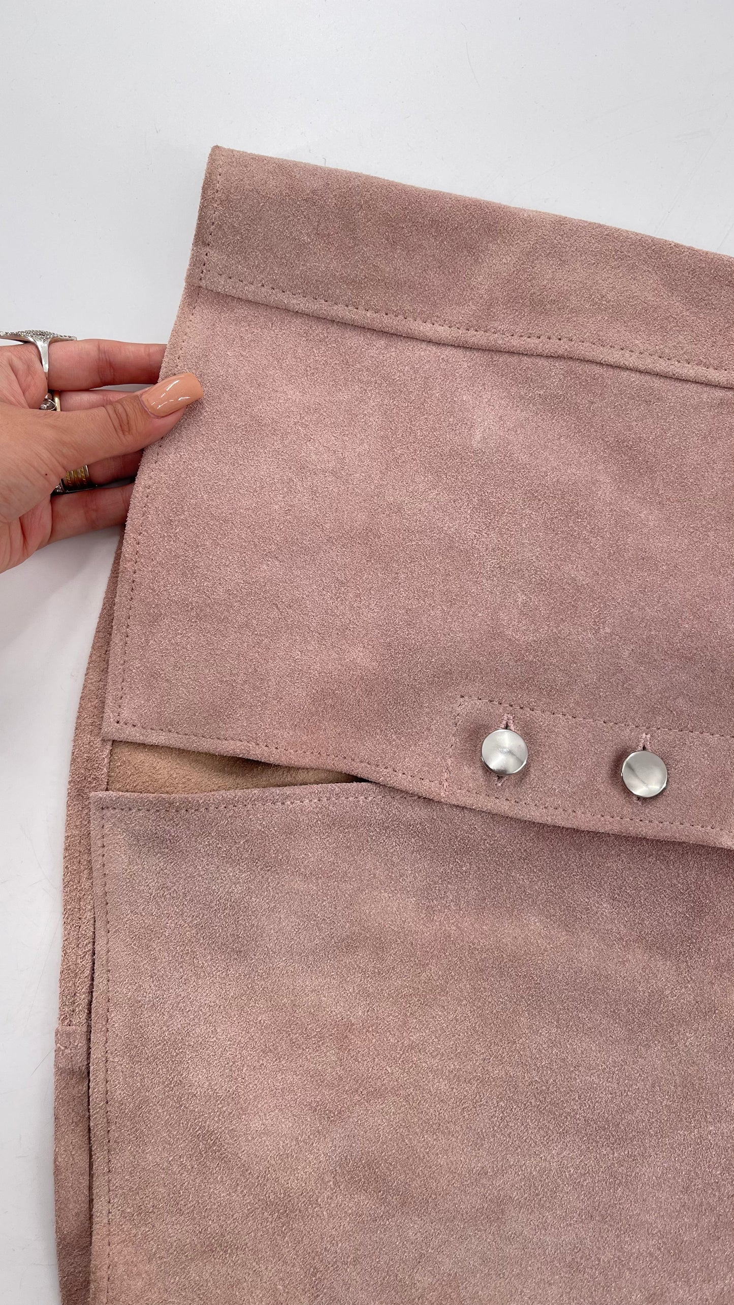 Free People Understated Leather Dusty Pink Suede Button Side Mini Skirt (Small)