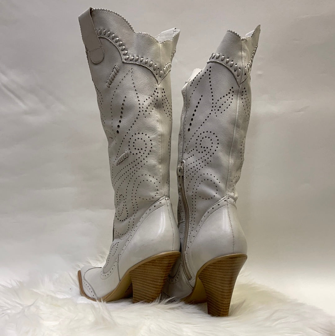BCBG Laser Cut White Leather Boots