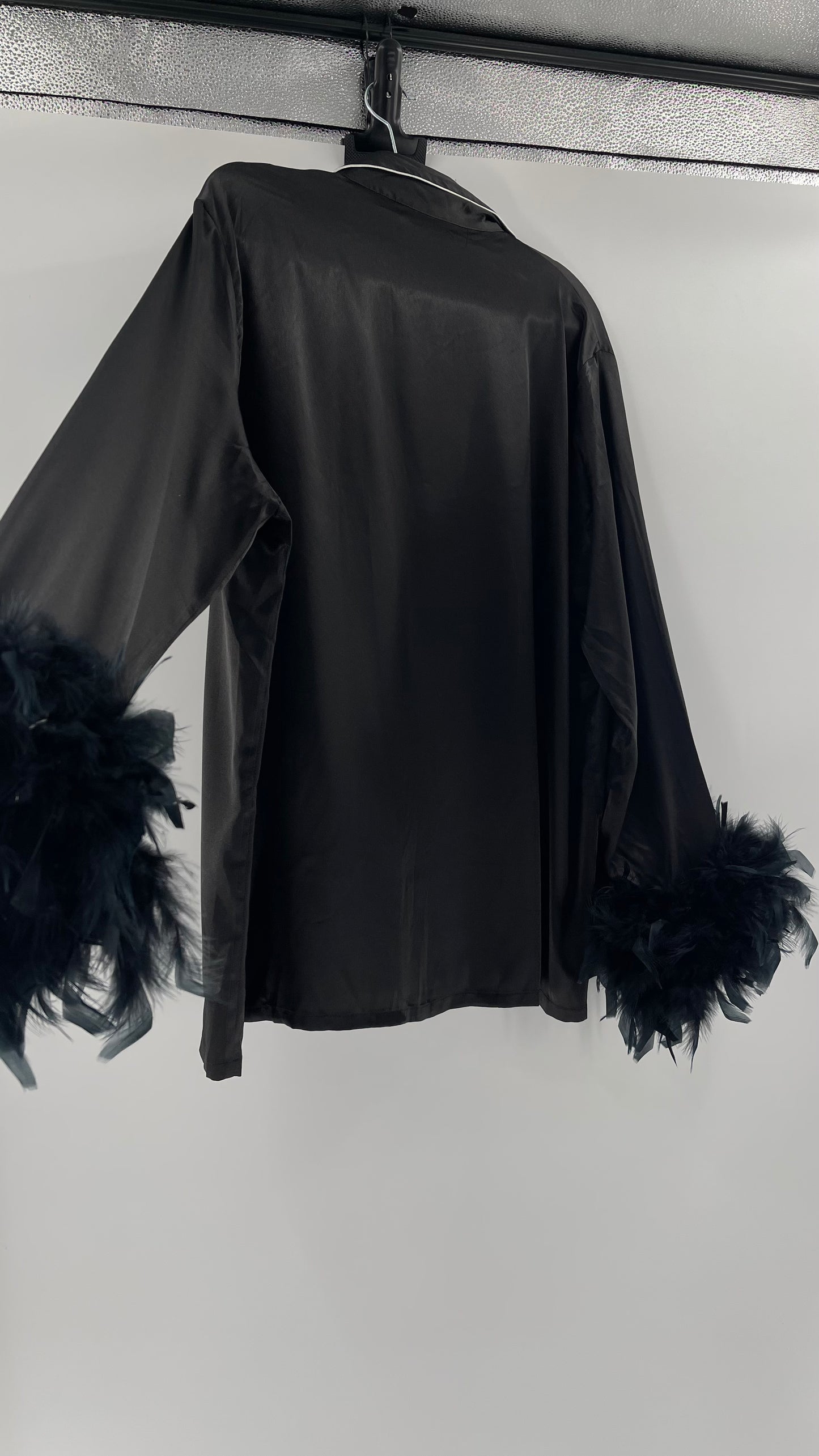 Lonxu Black Satin Pijama Top with Ostrich Feather Cuffs (XXL)