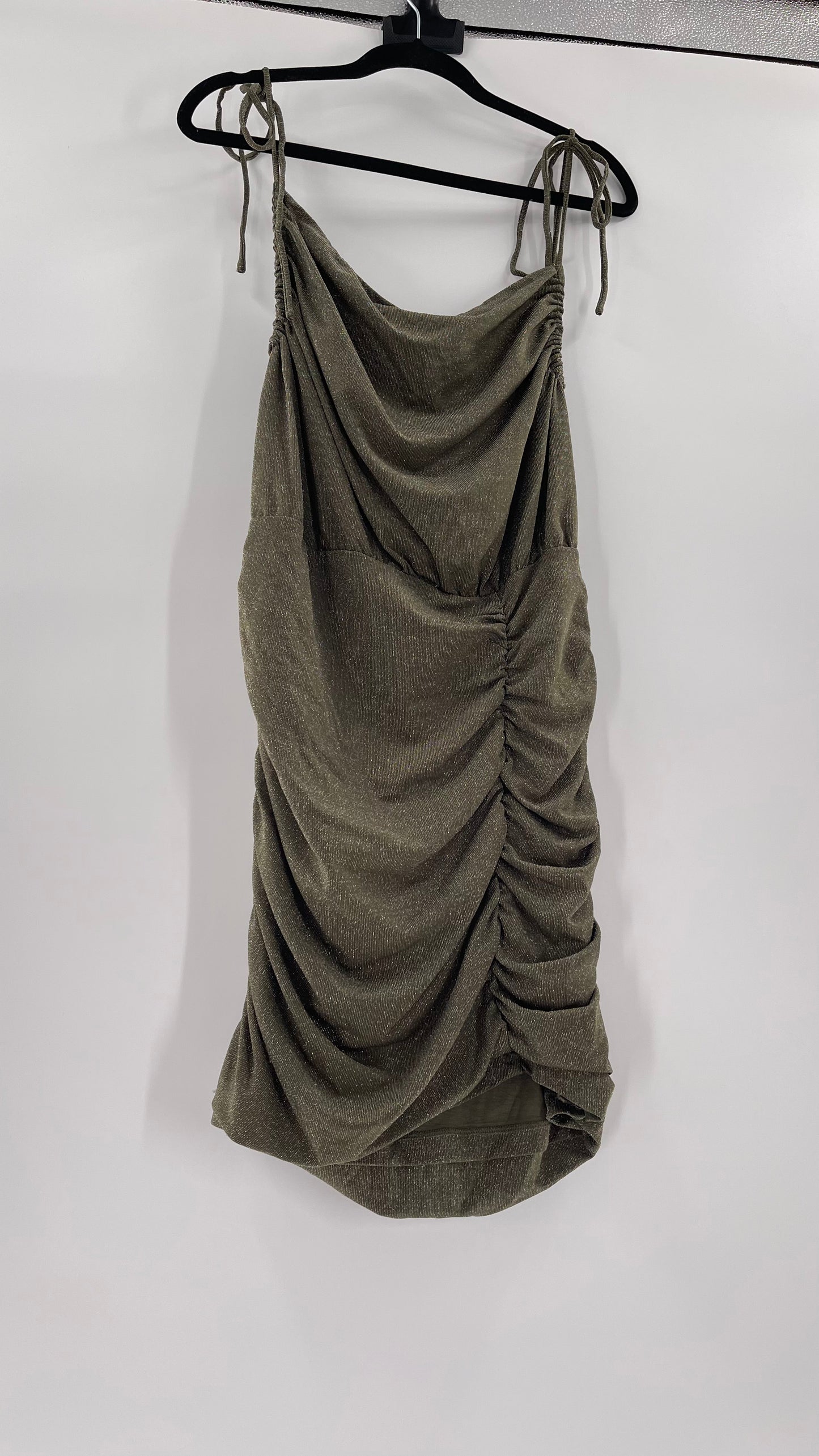 Free People Army Green Glitter Ruche Dress (XL)