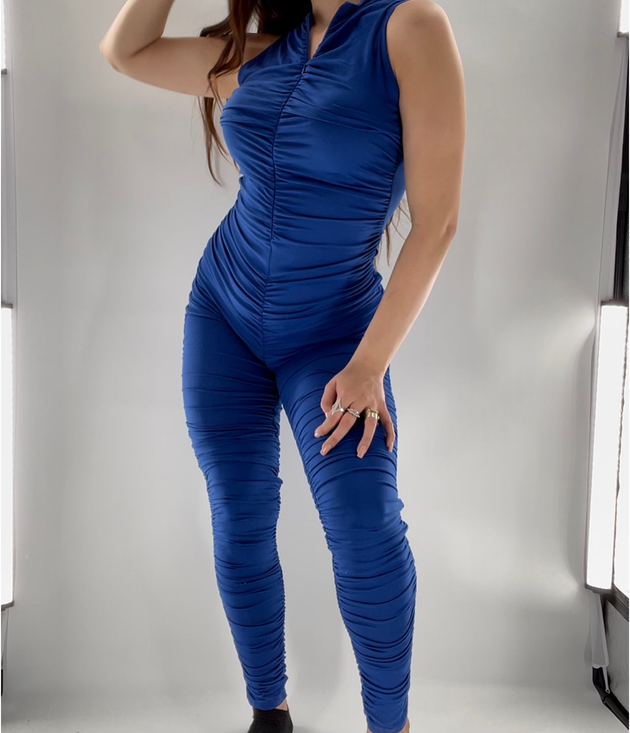 SJL Apparel - Blue Ruched Sleeveless Jumpsuit (Size Large)