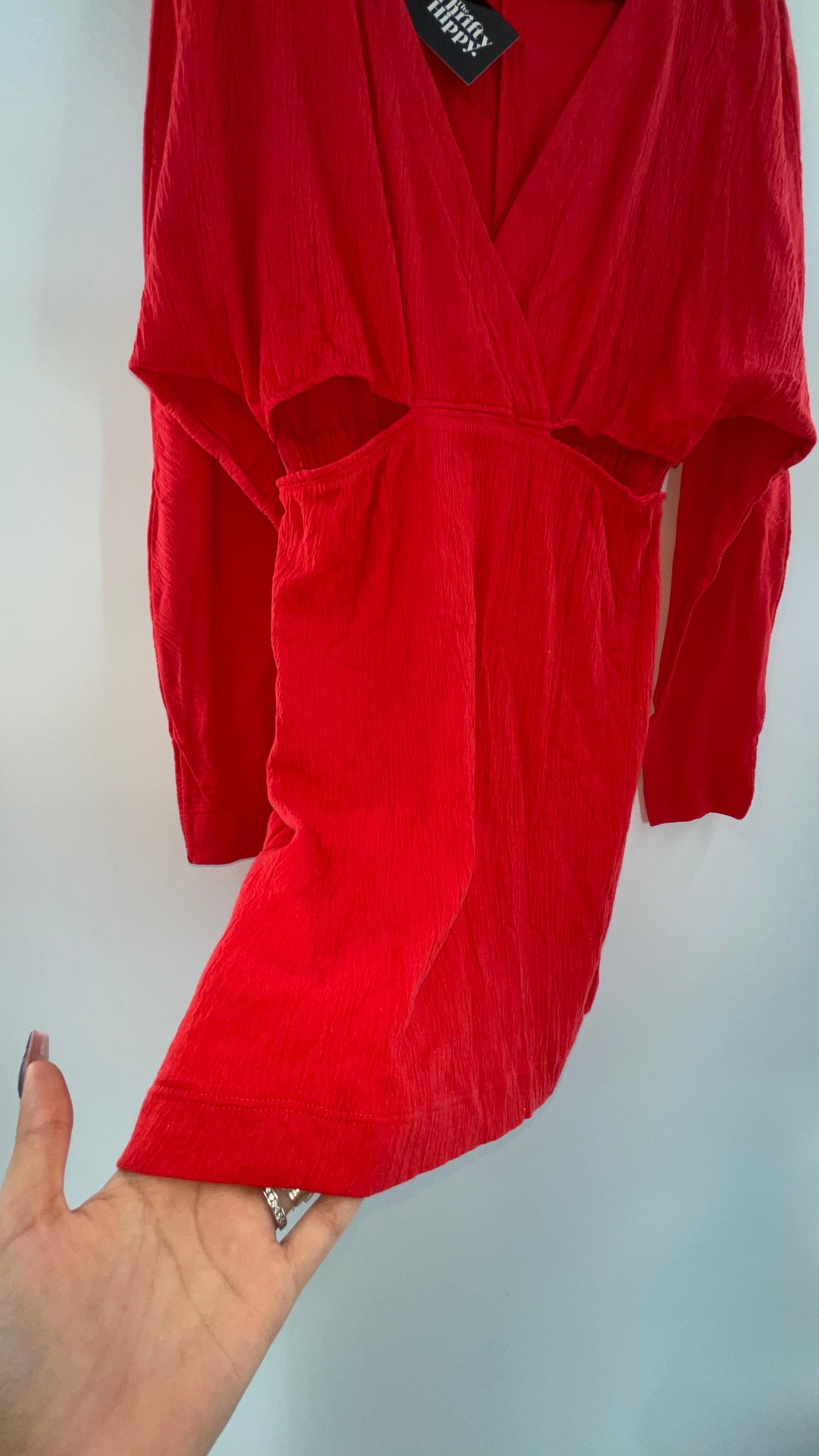 Free People Red Long Sleeve Mini Dress with Cut Outs (Medium)