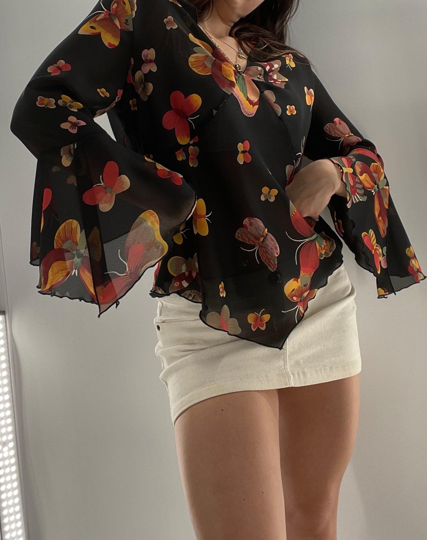 Vintage Butterfly Printed Sheer Bell Sleeve (S)
