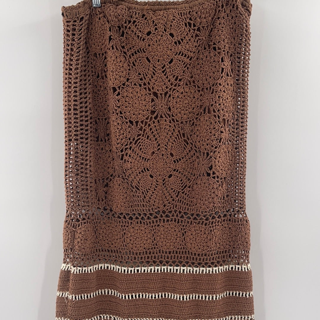 Free People Brown Short with Flowered Crochet Long Skirt (Size L)