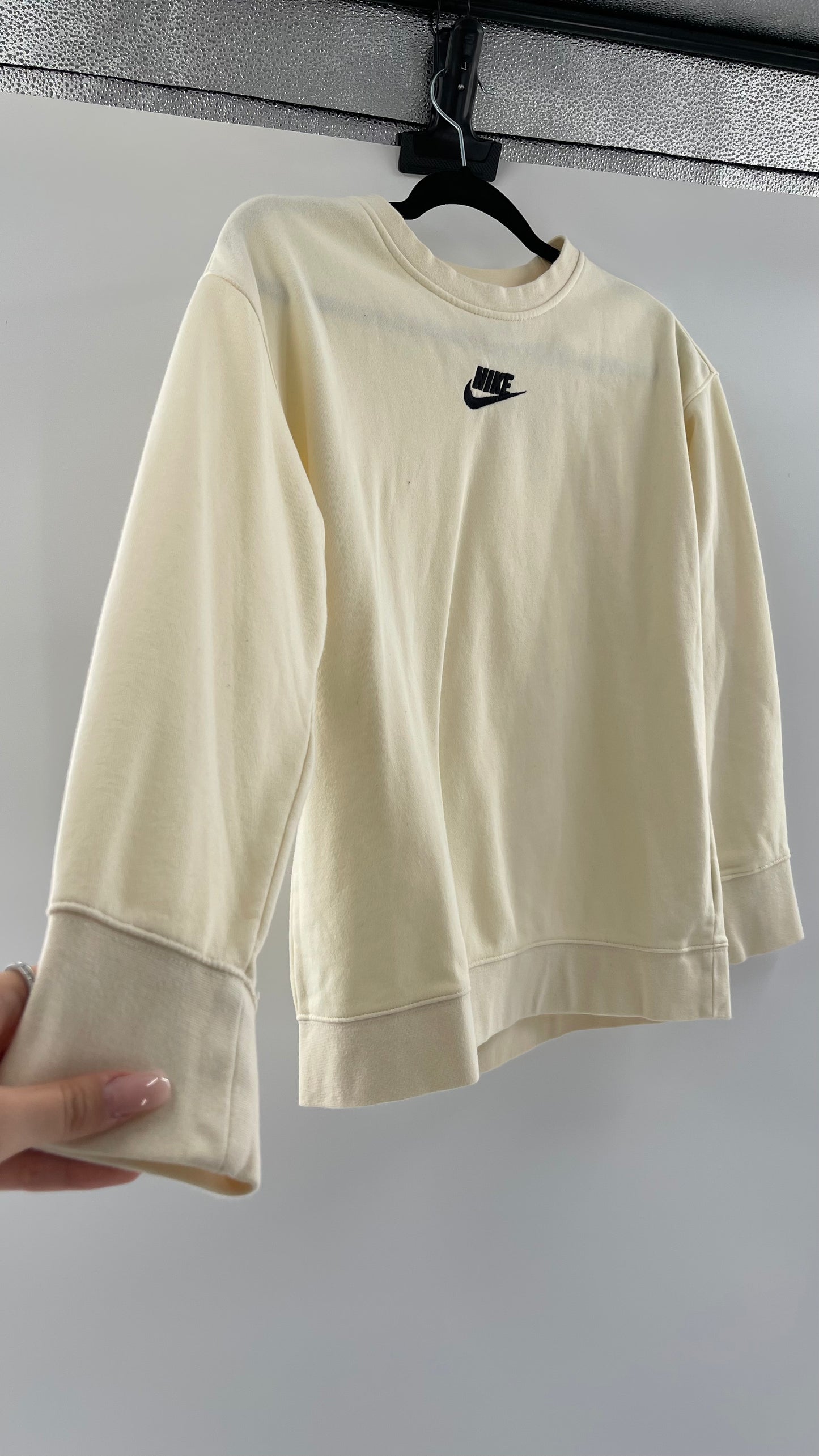 Cream Nike Crewneck with Minimalist Black Chest Logo (Large)