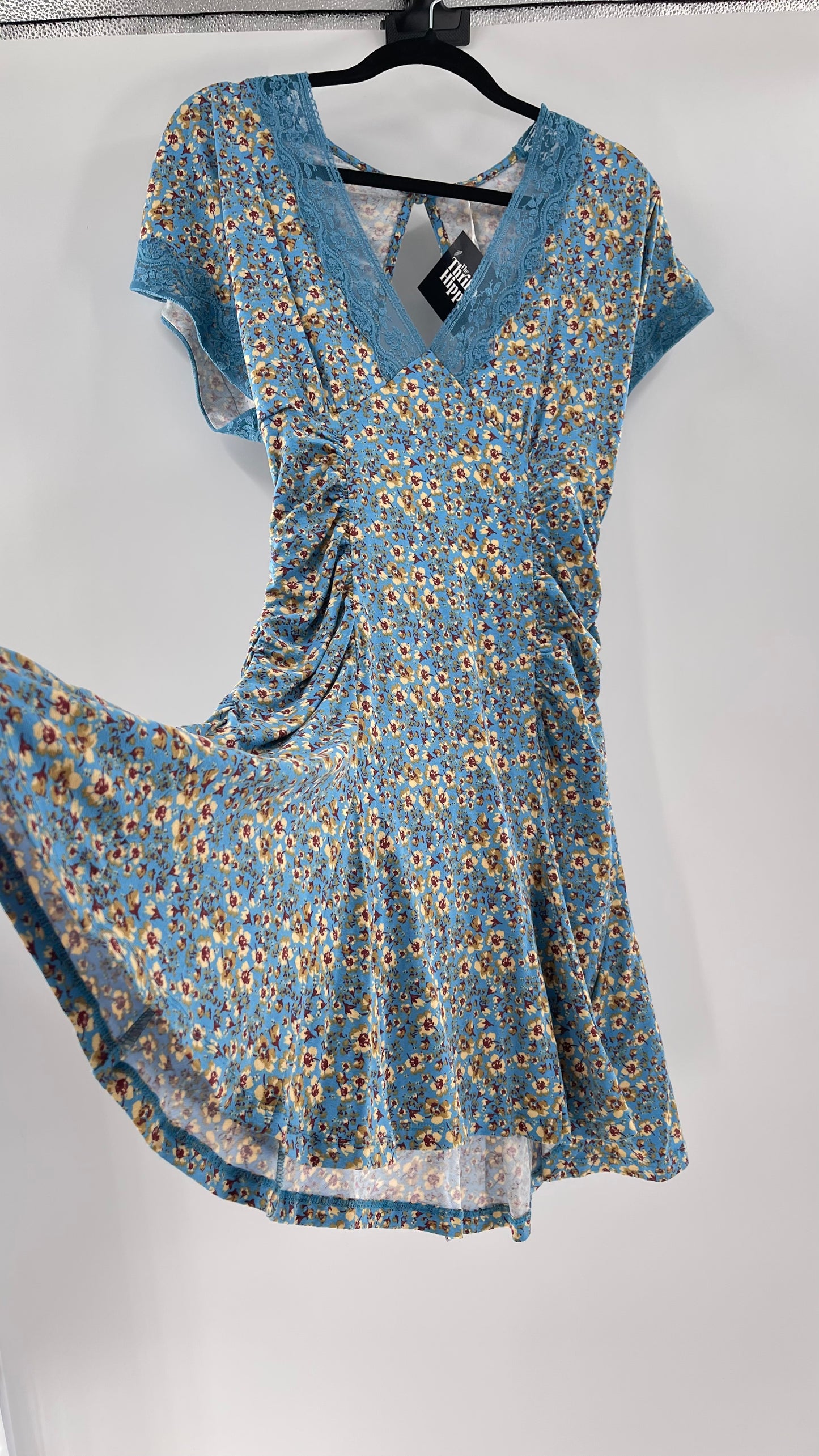 Free People Sweet Talker Blue Floral Ruched Mini Dress (Medium)