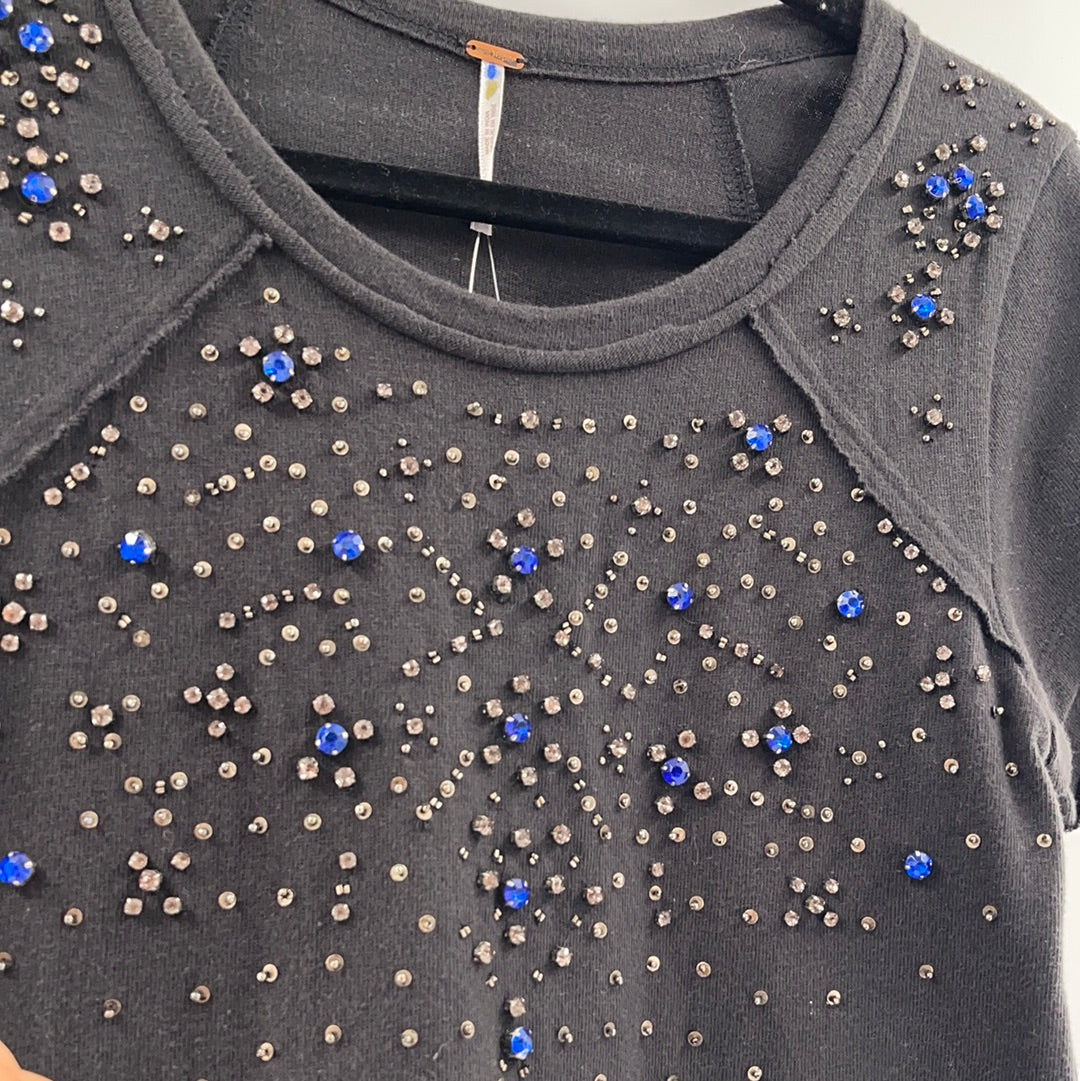 Free People Black Short Sleeve T-Shirt With Sequin and Rhinestone Embellishments (Size S)
