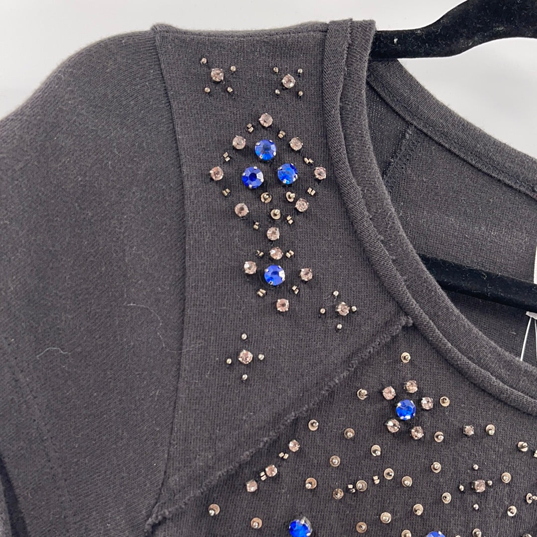 Free People Black Short Sleeve T-Shirt With Sequin and Rhinestone Embellishments (Size S)