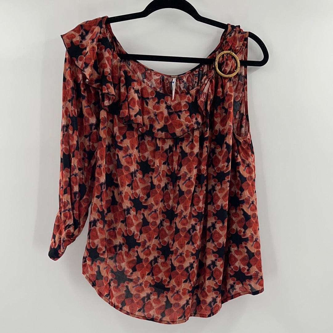 Free People One Sleeve Red Patterned Top (XS)