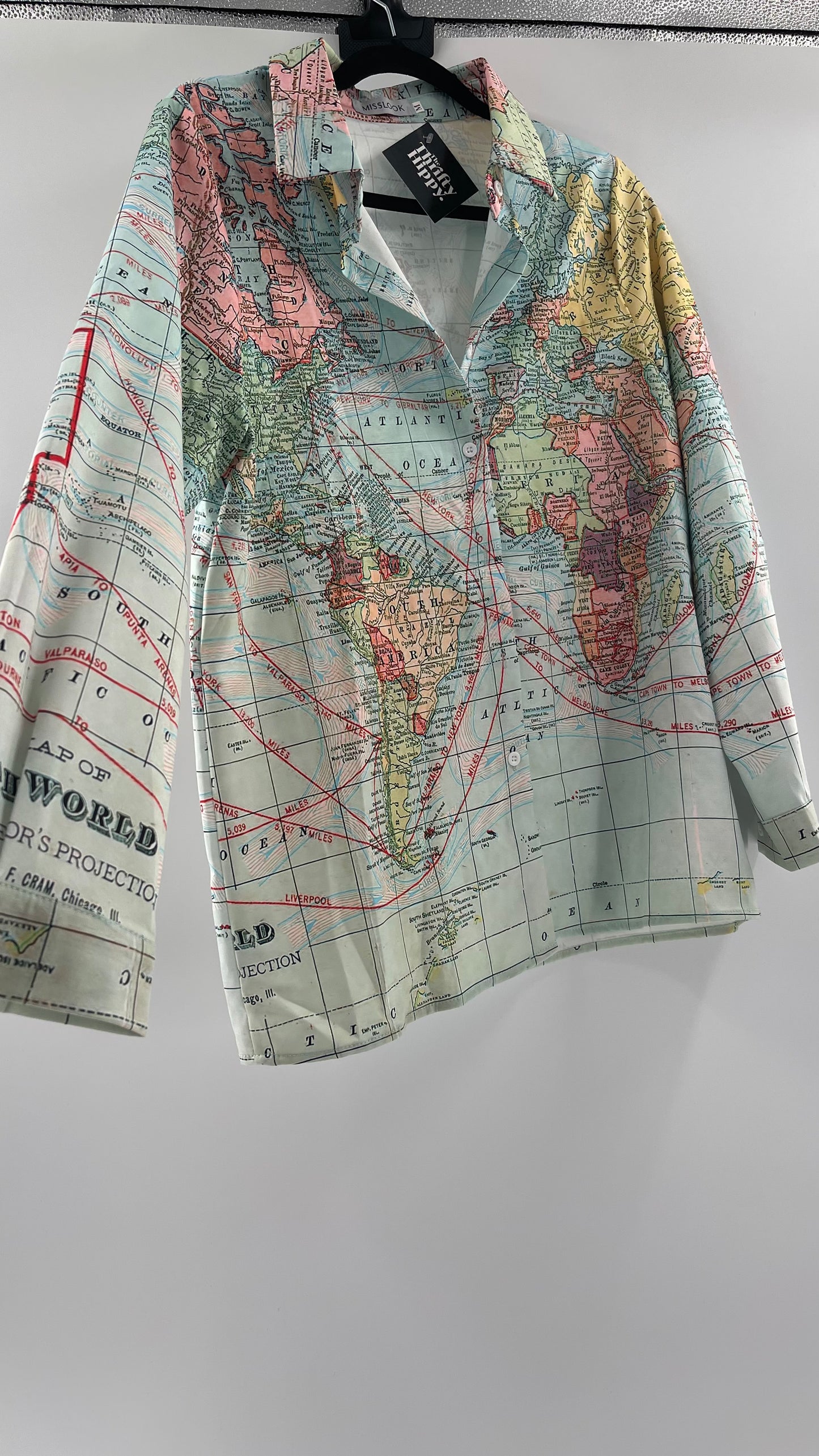 MISSLOOK Globe Map Long Sleeve Graphic Button Up (Medium)
