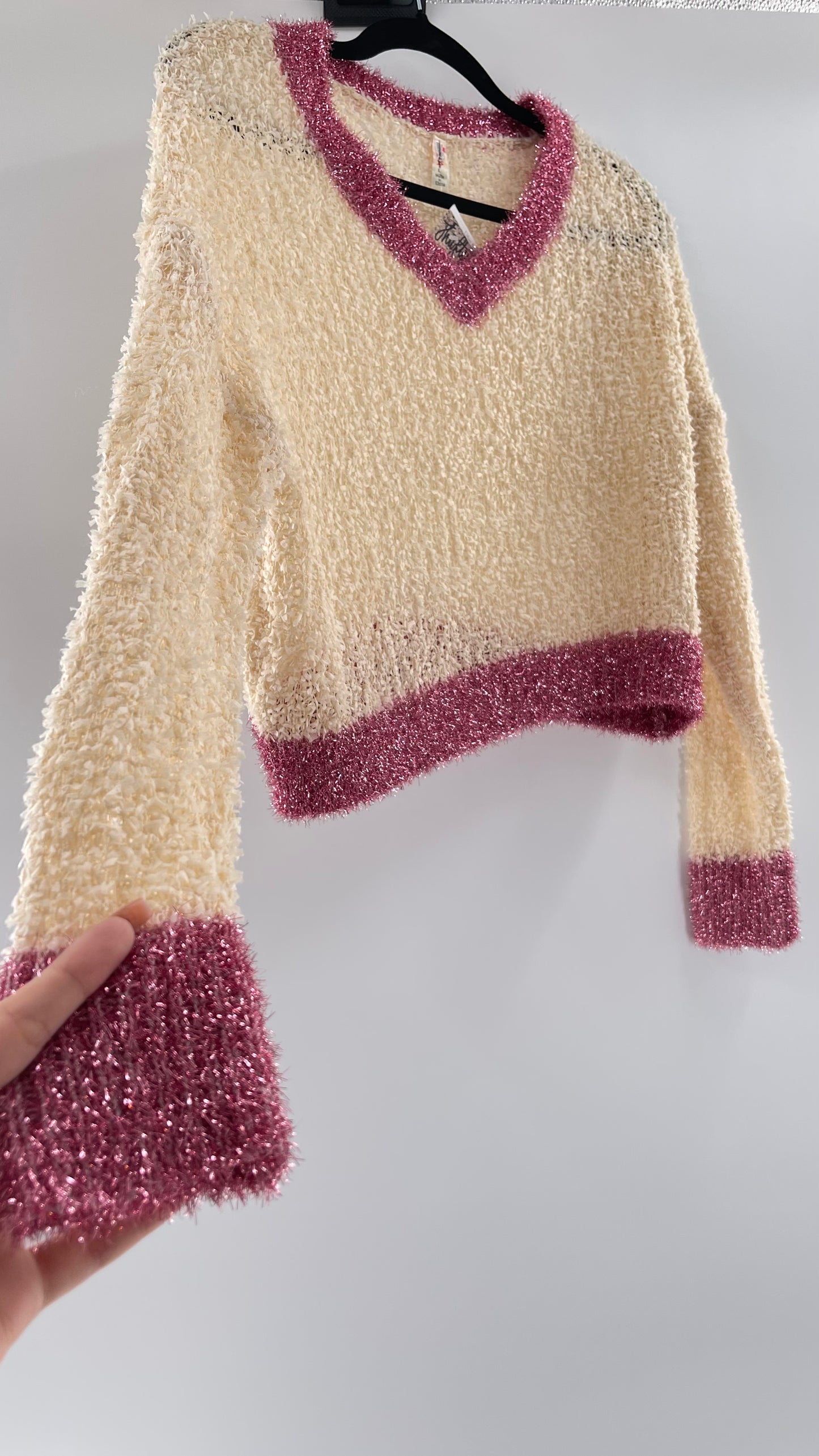 Anthropologie RAGA Cream and Fuchsia Tinsel Varsity Sweater (Large)