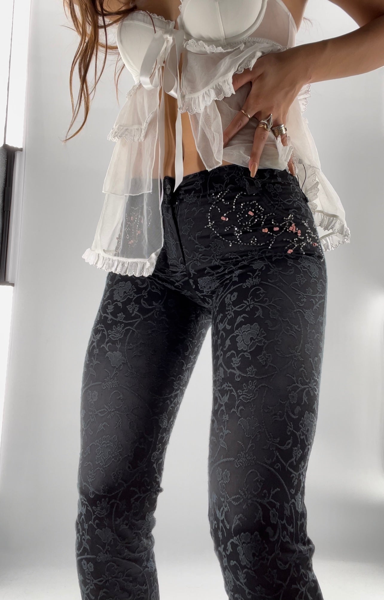 Favori Lace Embossed Satin Pants with Embellishments (36)