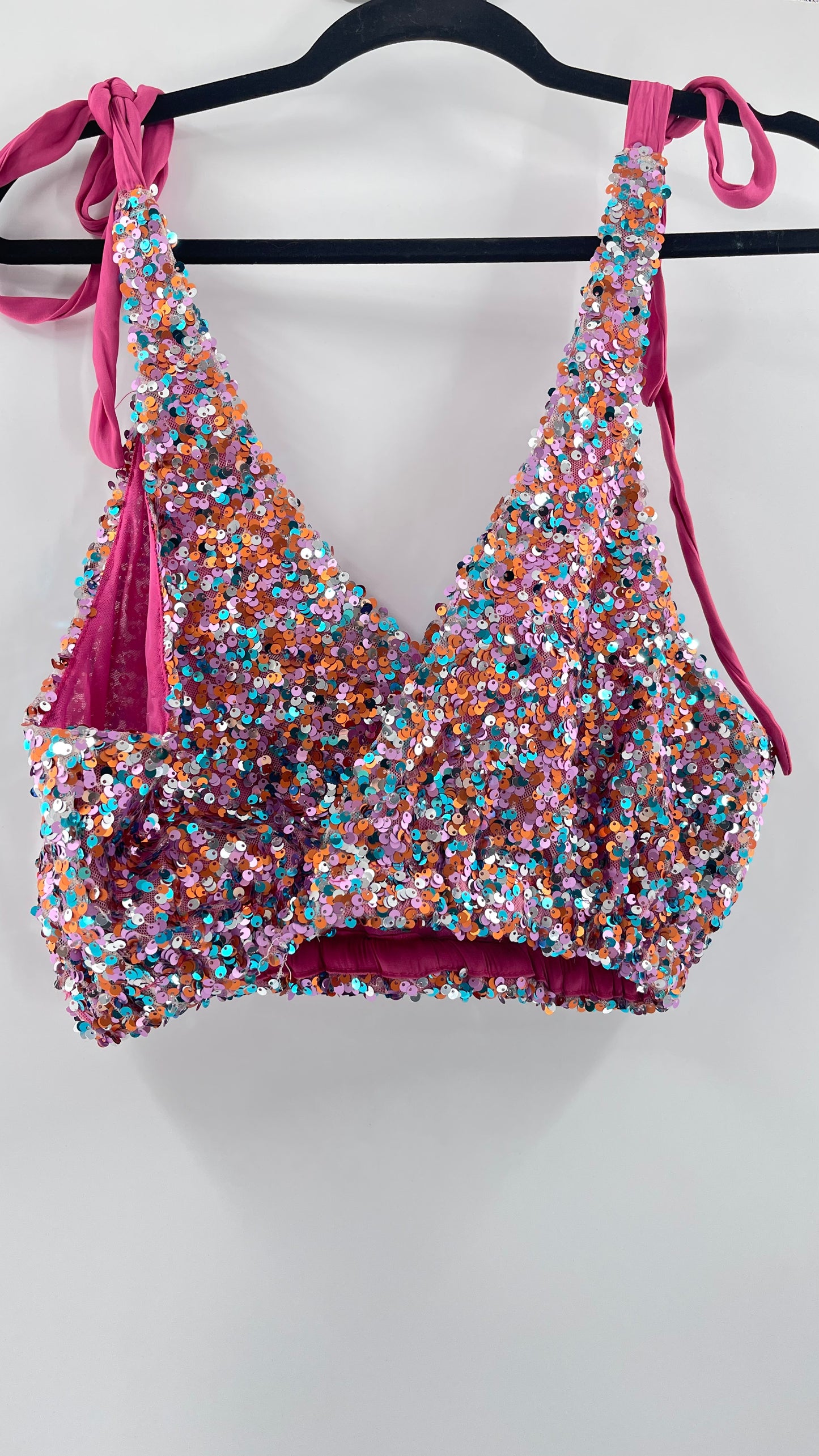 Intimately Free People Big Night Tie Shoulder Mauve Sequin Crop (XS)