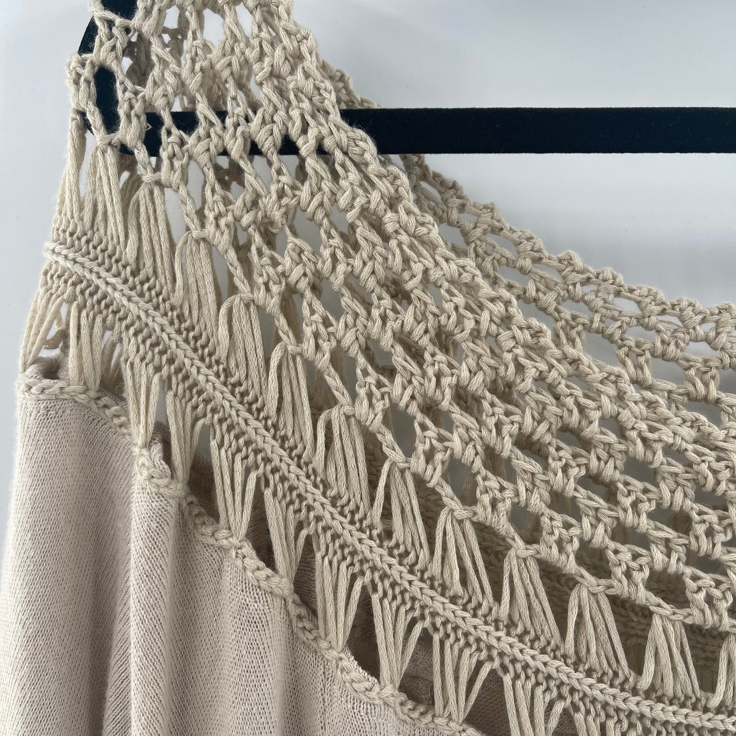 Free People - We The Free - Short Sleeve Light Beige Top with Crochet and Macrame Details on Neckline (Size XL)