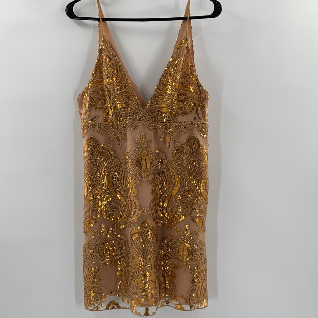 Free People Gold Sequin Lace Mini Dress (Sz4)