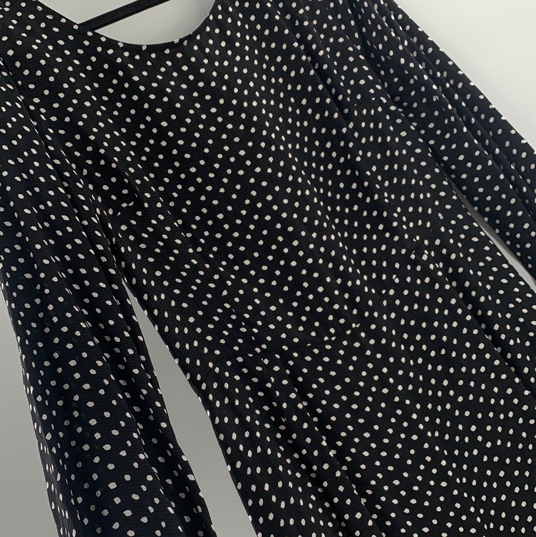 Anthropologie Black Satin With White Polka Dots Long Sleeve Back Open Maxi Dress (Size 12)