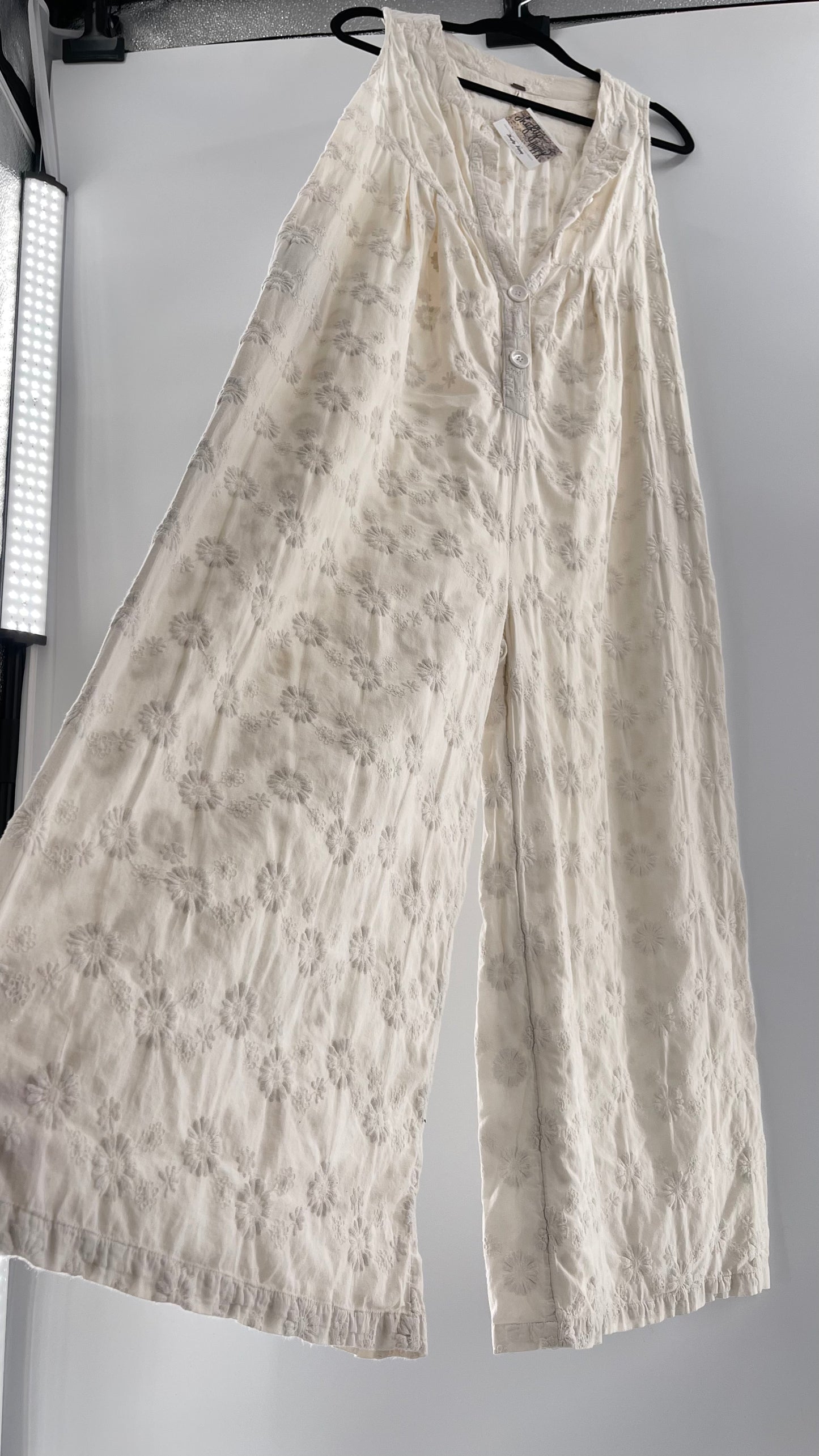 Free People White Sleeveless Embroidered Flower Jumpsuit