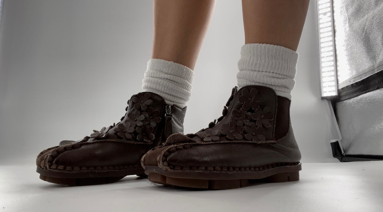 Handmade Brown Leather Flower Power Booties (38)