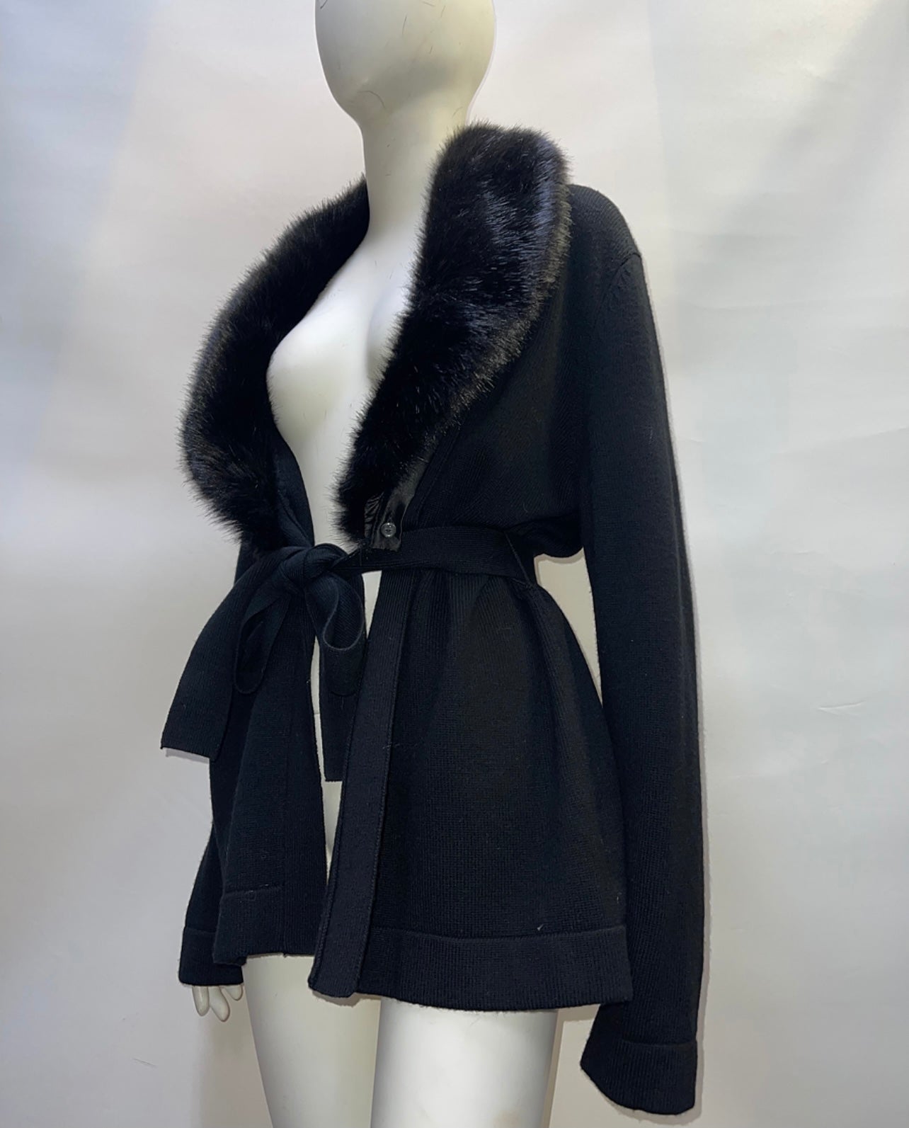 Talbots Black Jacket Cardigan with Fur Collar and Belt (Size L)