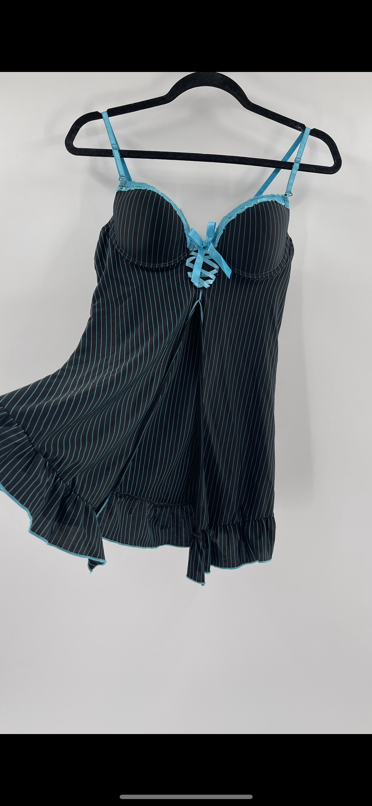 Deadstock Vintage Black/Blue Bustier Babydoll+ Thong Set (36B)