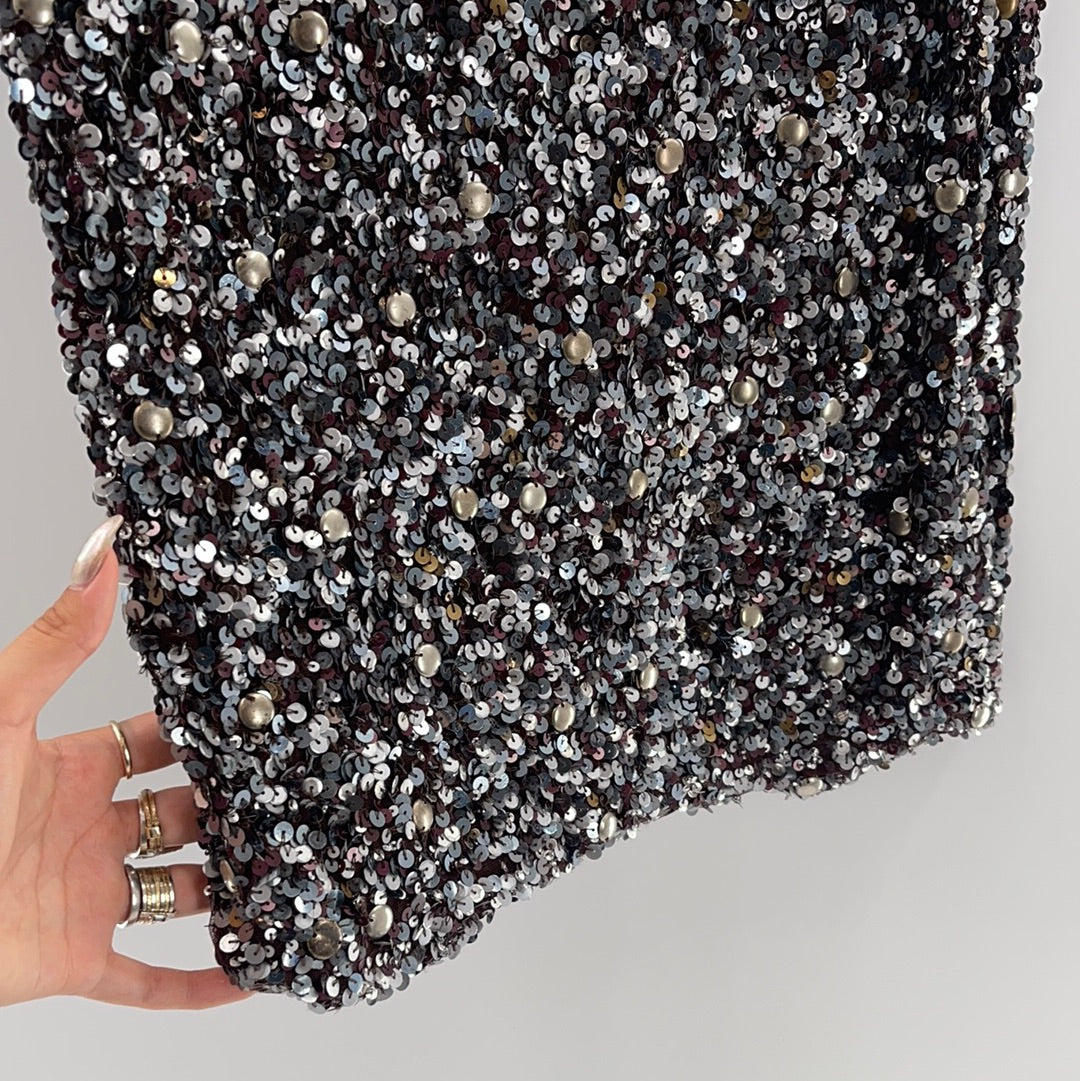 Theia (Vintage With Tag) Sequin and Beaded Mixed Metal Tones Sleeveless V Neck Midi Dress (Size 6)