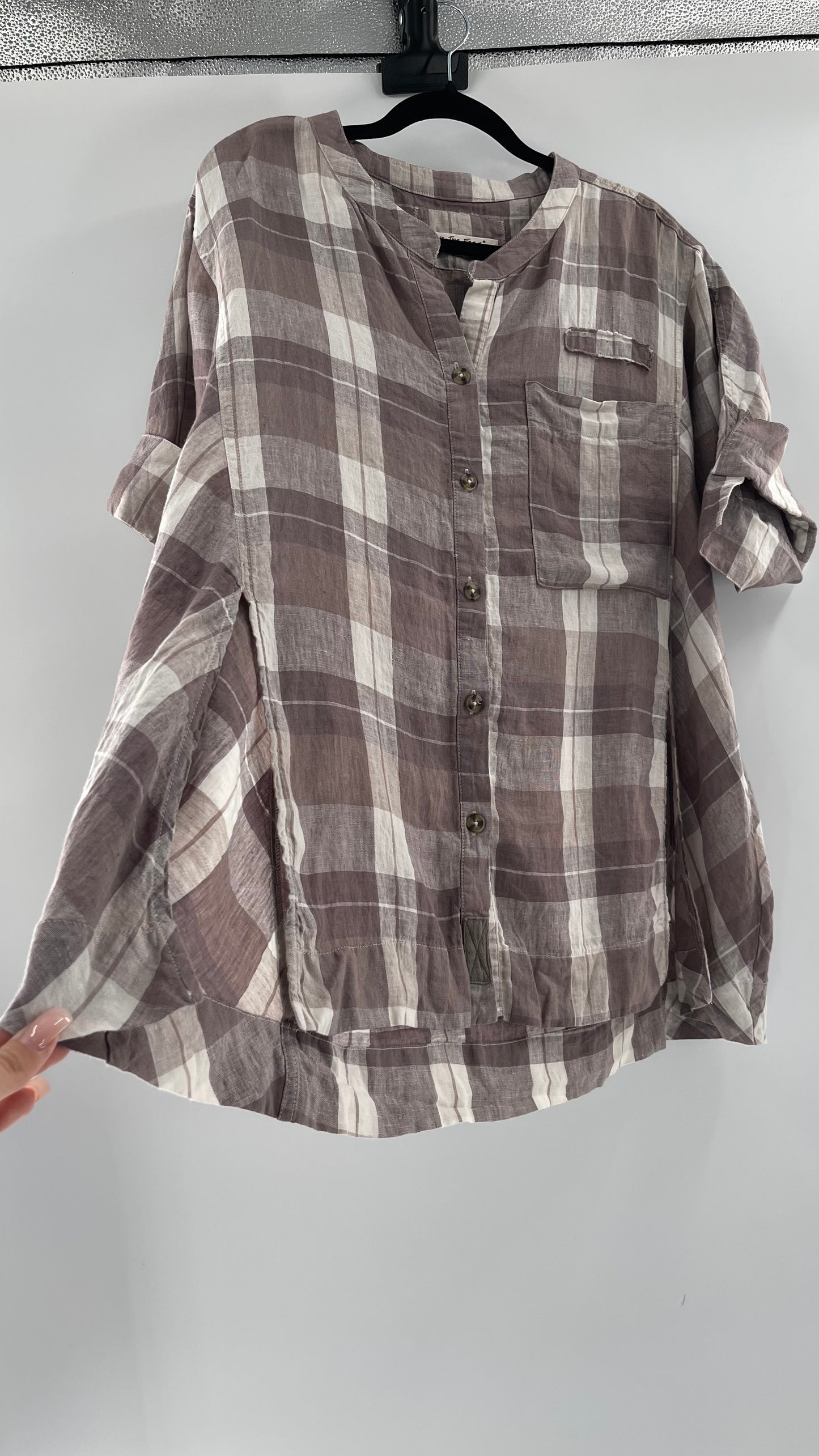 Free People 100% Linen Plaid Grey Short Sleeve (Small)