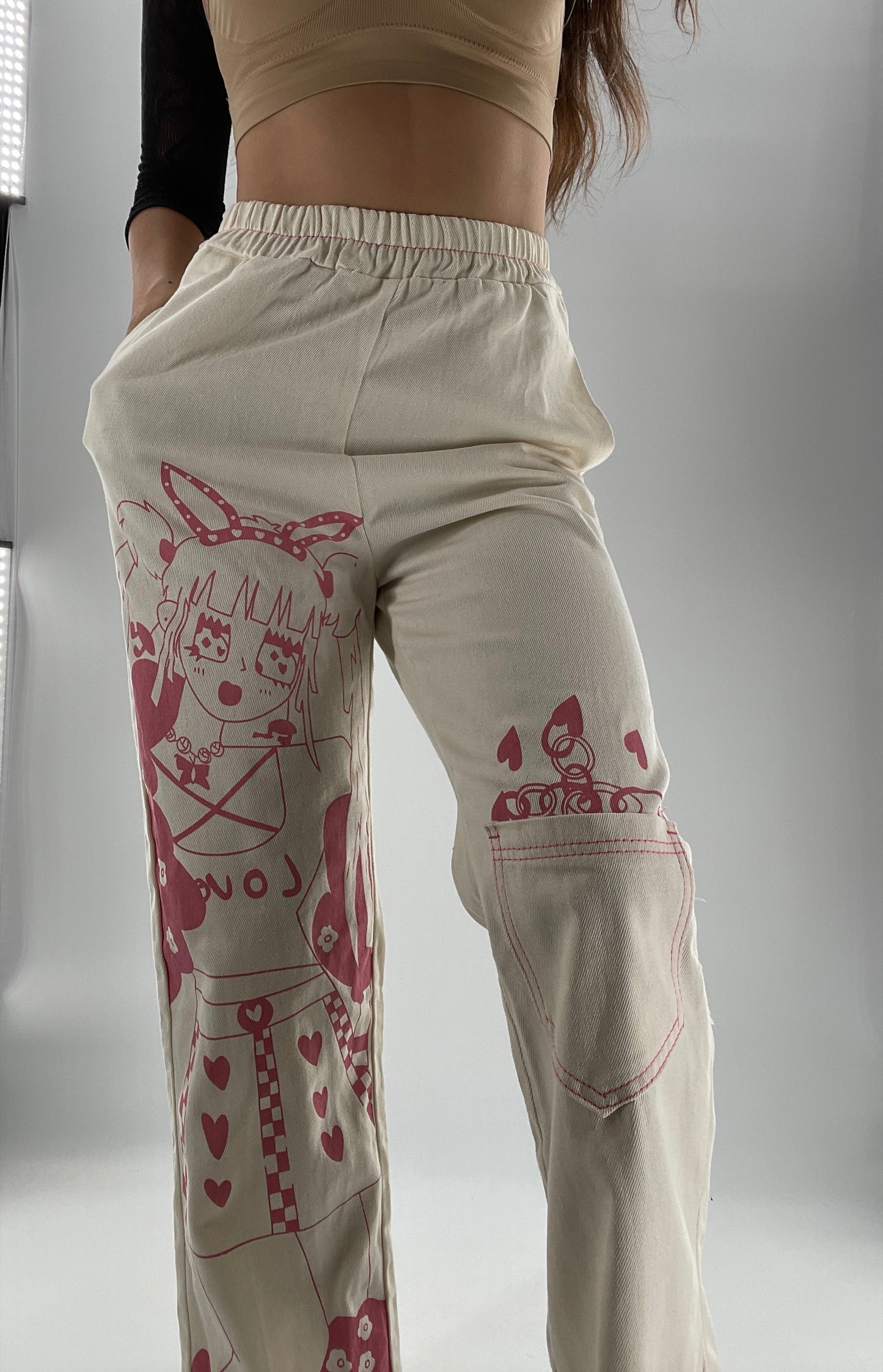 Beige Carpenter Pant with Pocket and Pink Anime Graphic (Medium)