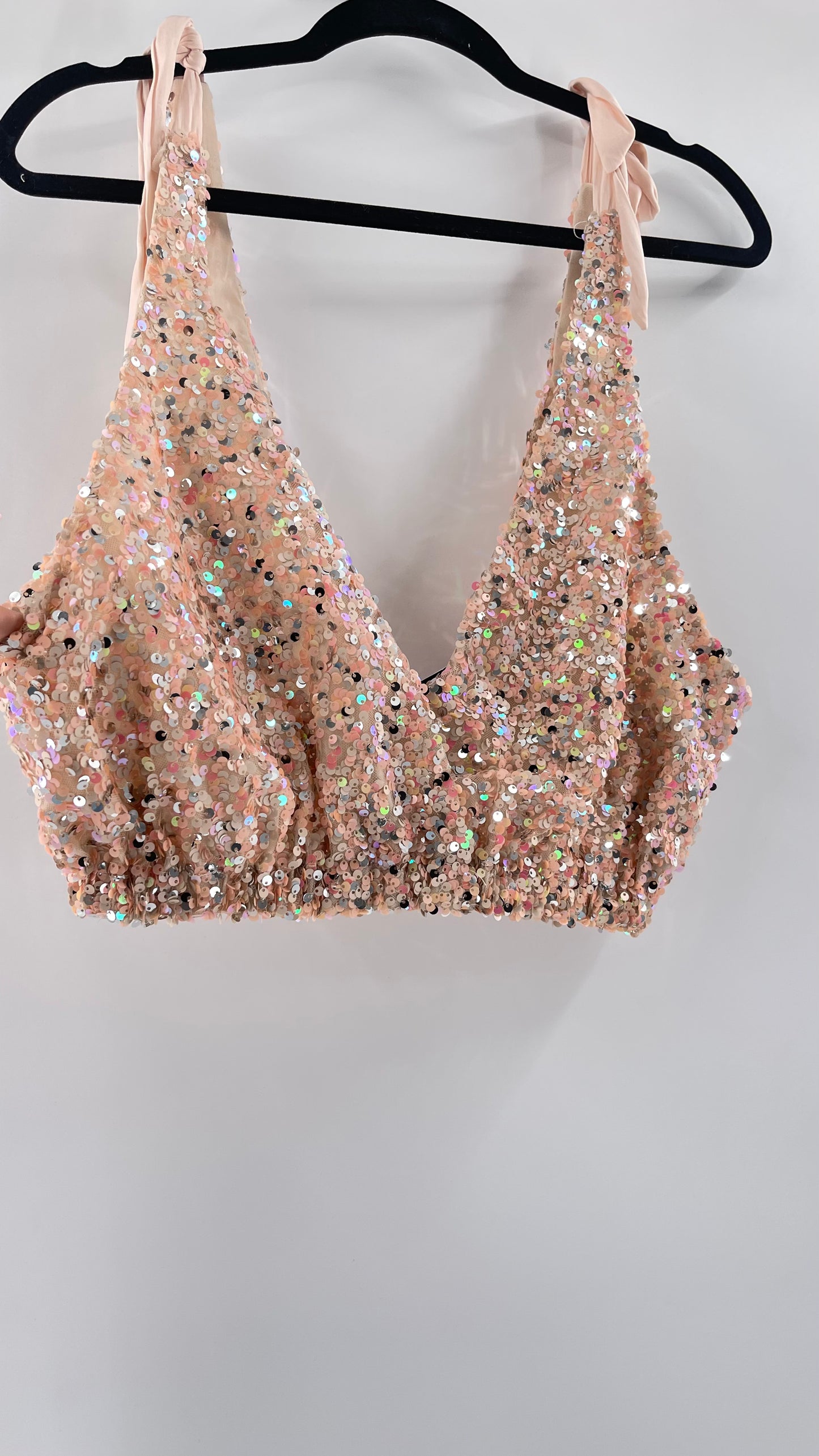 Intimately Free People Big Night Tie Shoulder Pink Sequin Crop (Medium)
