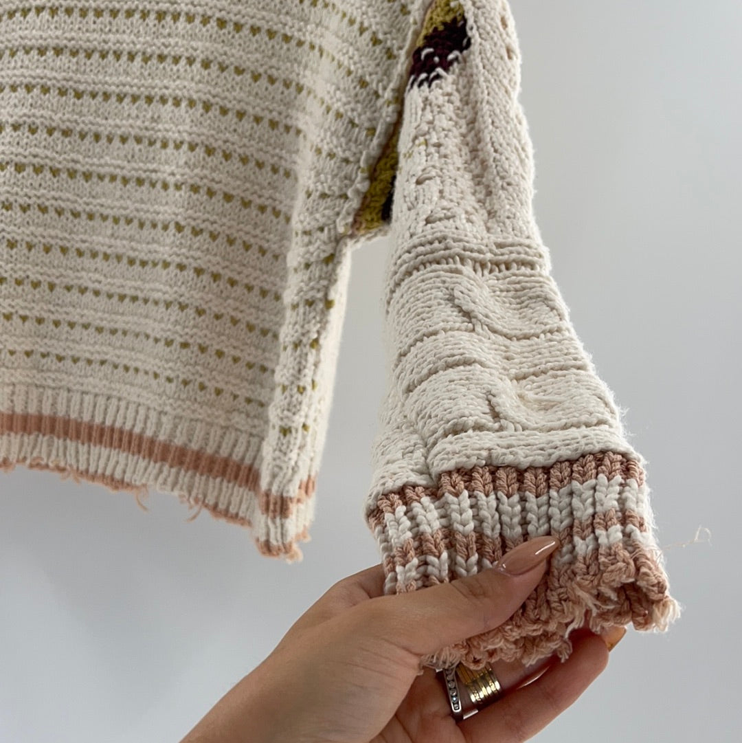 Free People Distressed Cropped Sweaters Cream With Burgandy Mustard and Pink Details (Size XS)
