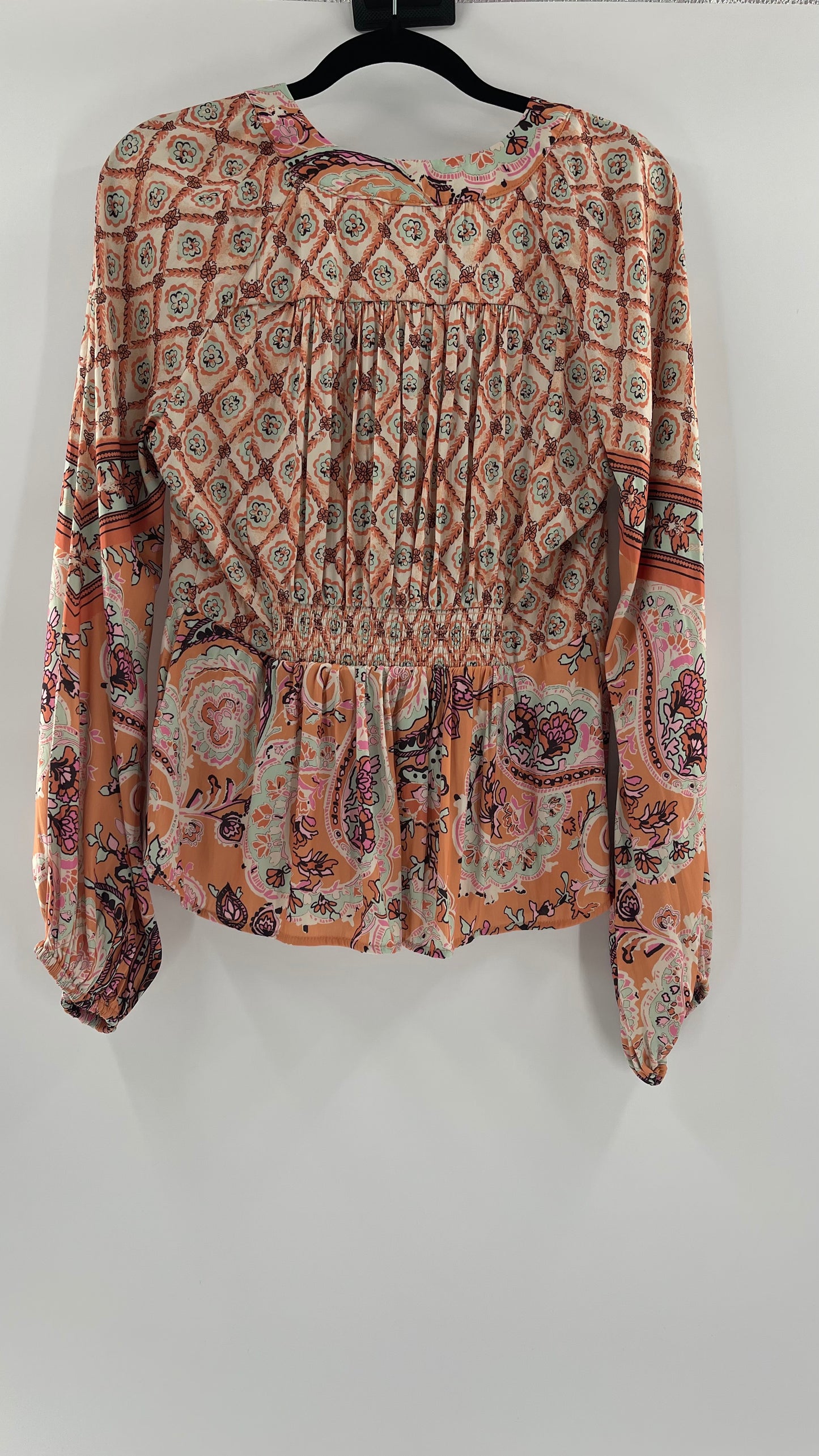 Free People Silky Orange Paisley Tie Front Blouse (M)