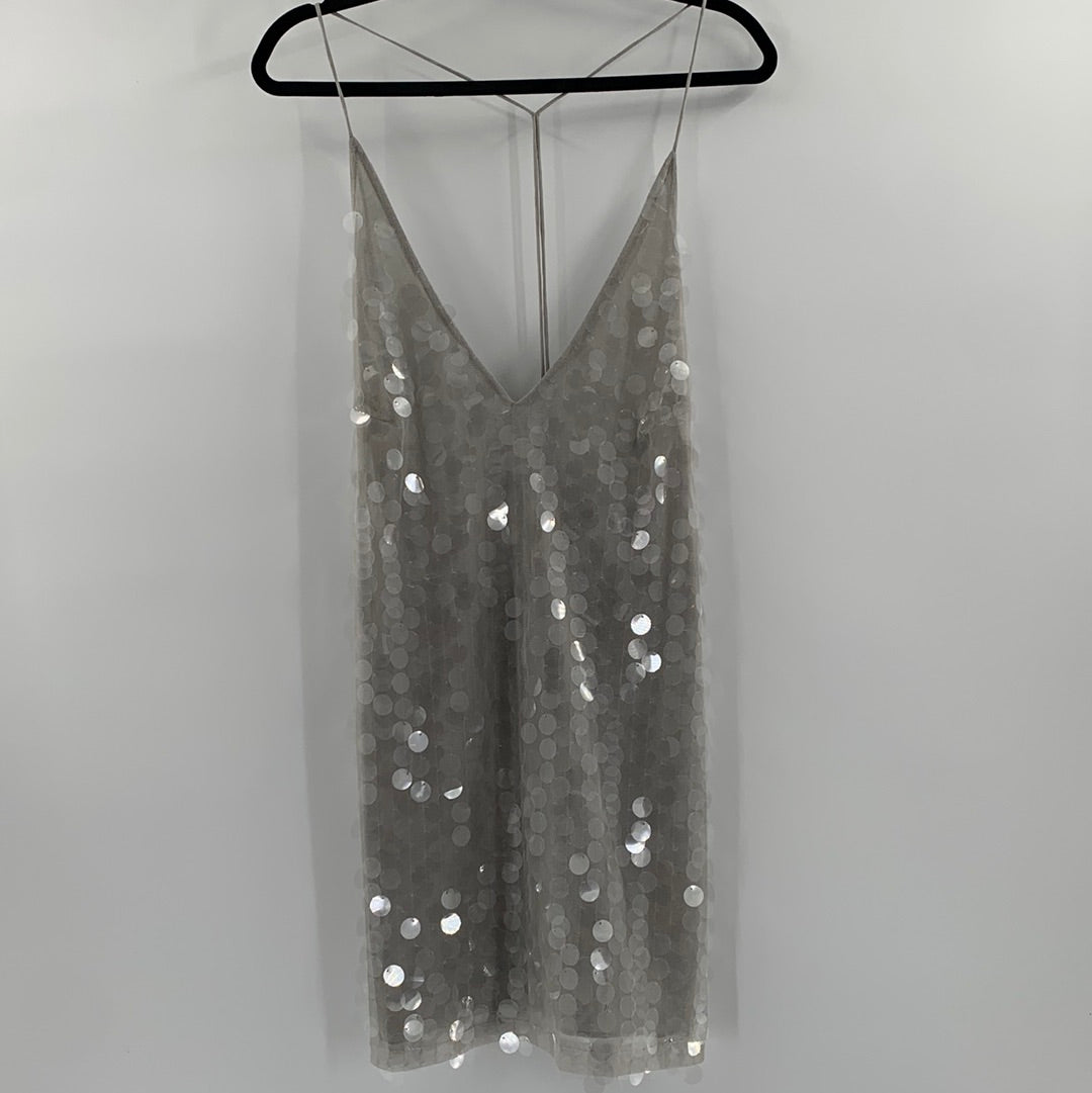 Motel Urban Outfitters - Grey Transparent Sequin Disk Midi Dress (Size Large)