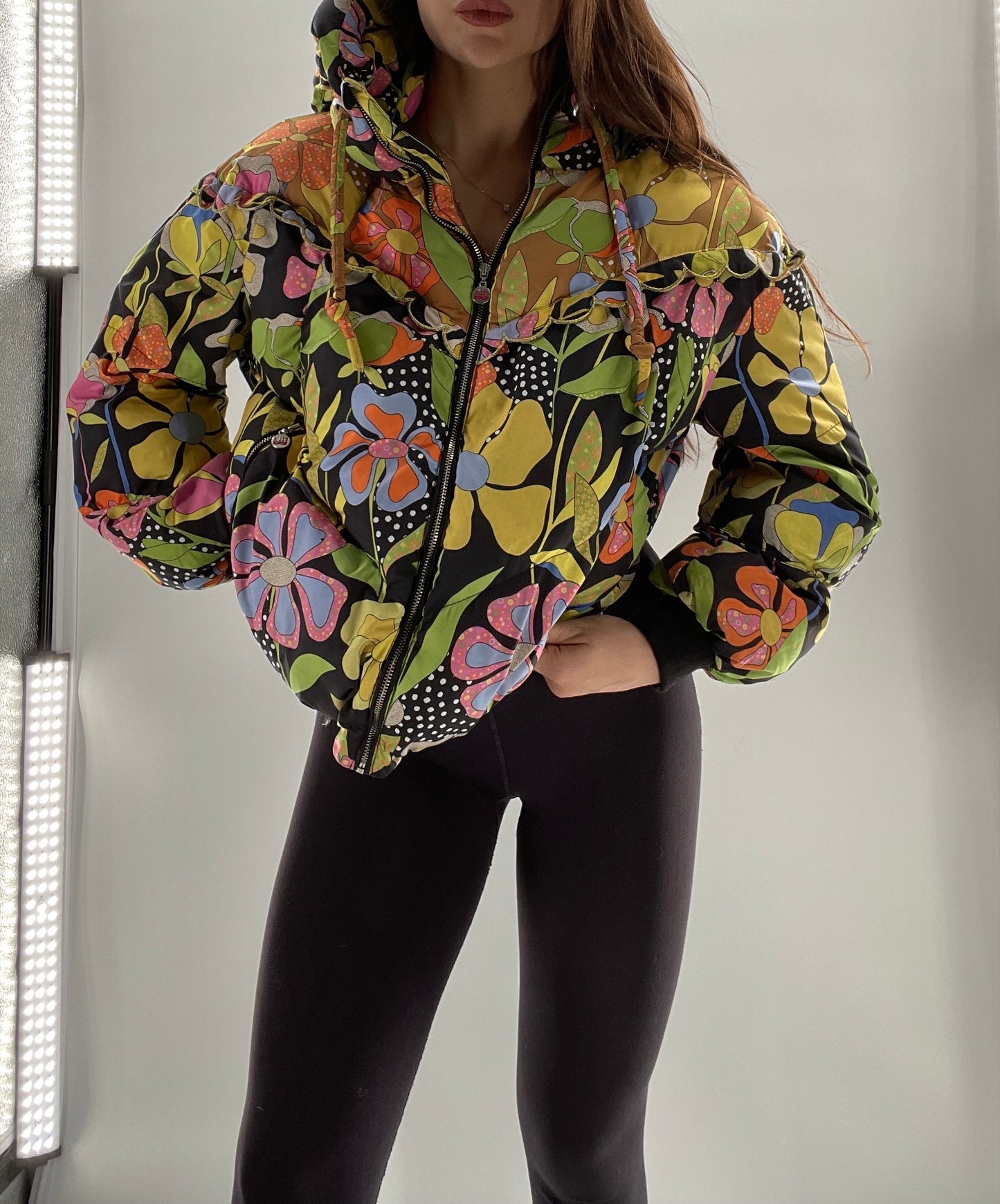 CELIA B Oregon Black Puffer with Contrast Colorful Flowers (Small)