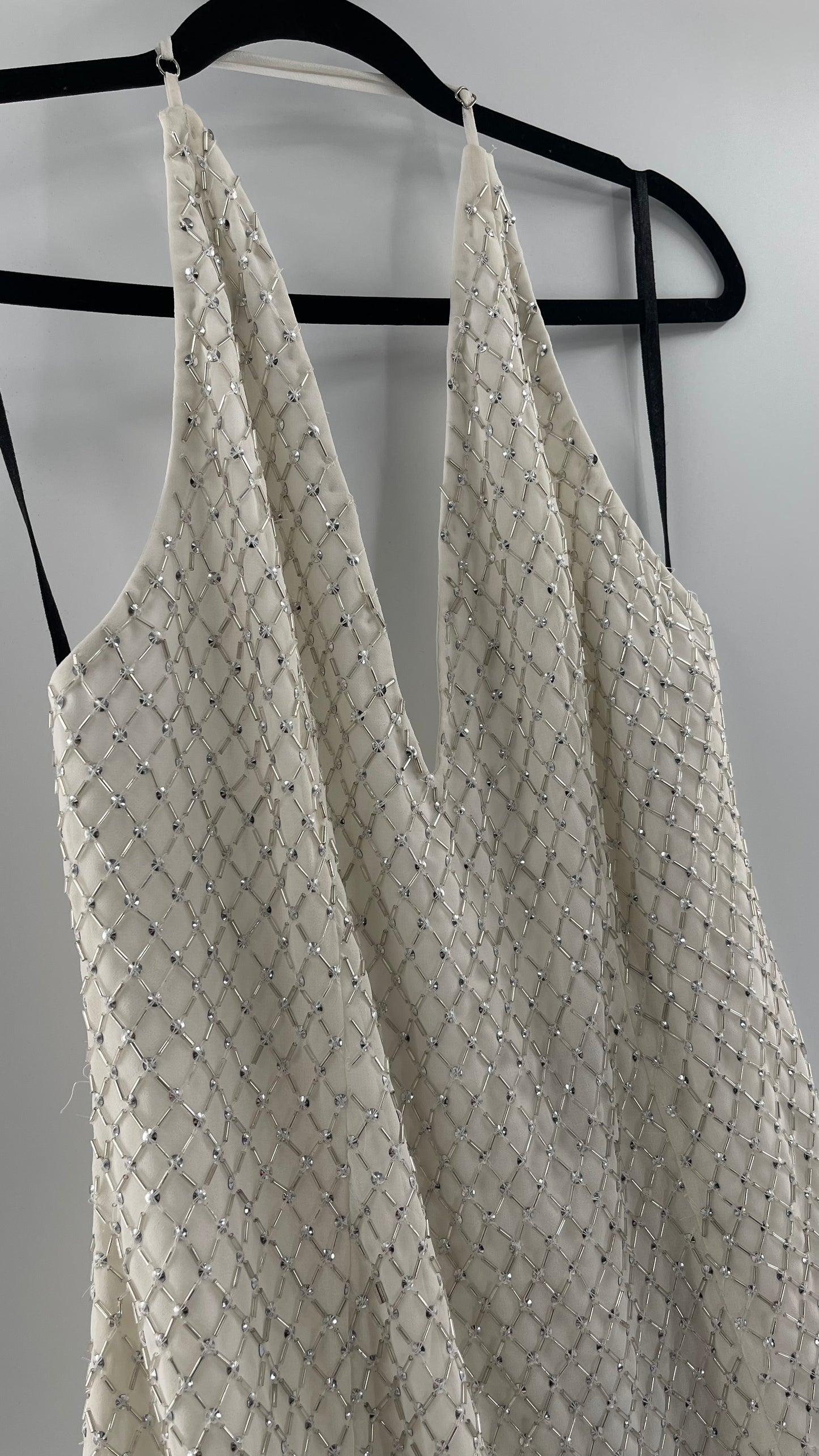 X by NBD White Jack Dress in Ivory Silver Beaded Halter Dress with Tags Attached (Large)