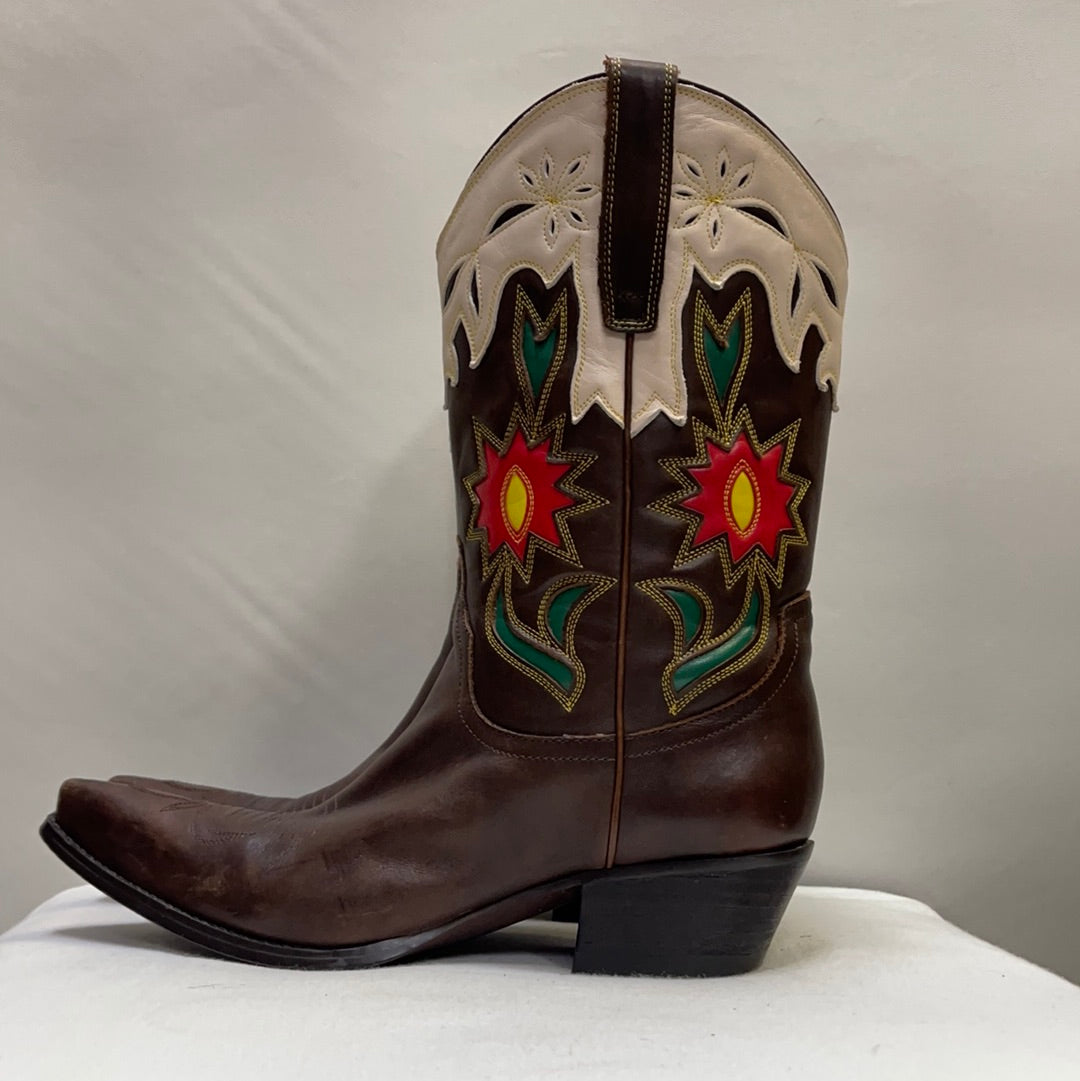 Vintage Brown Leather Cowgirl Boots Beige Trim with Red Flowers