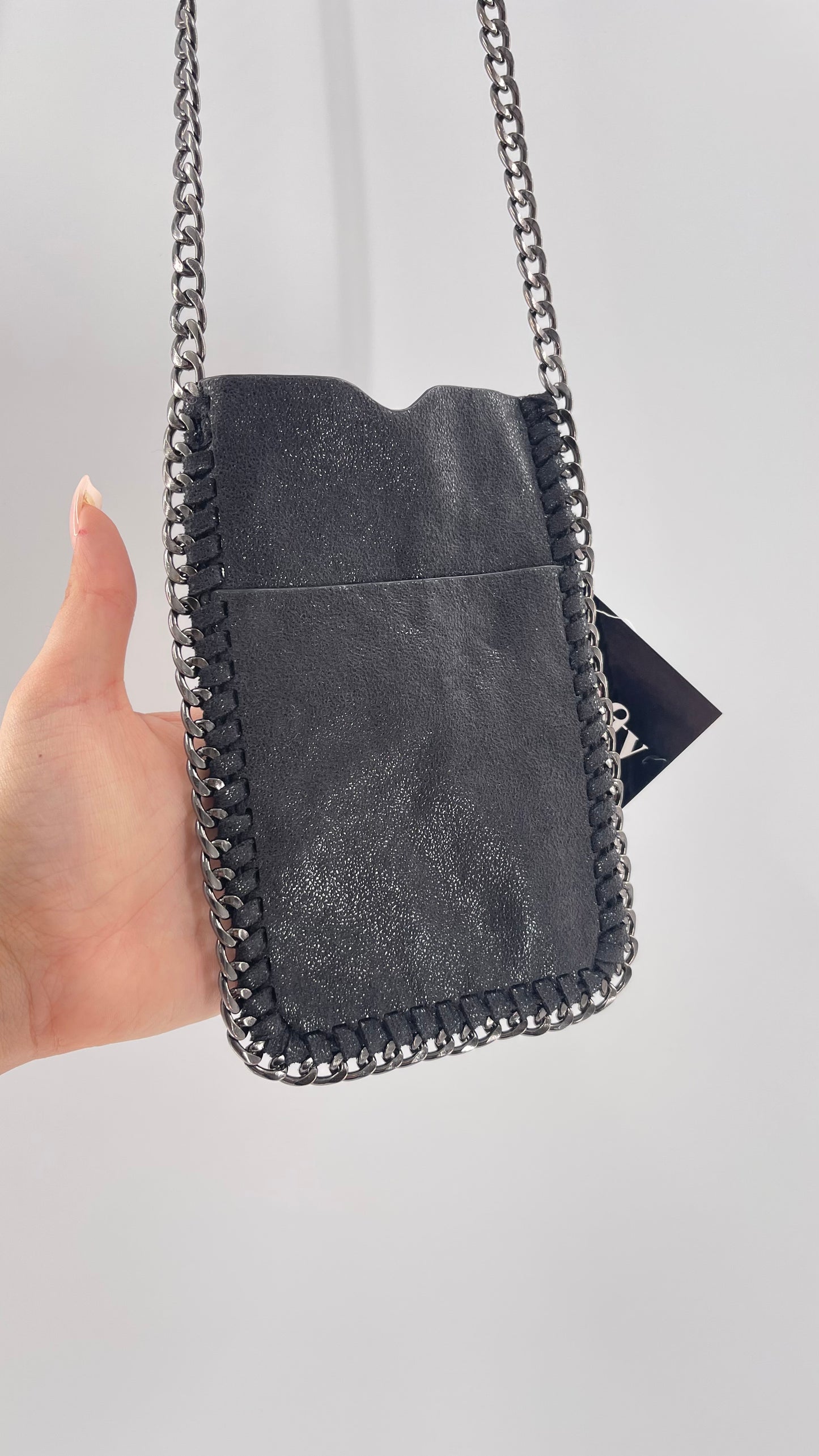 Metallic Black Leather Chain Lined Phone Pouch