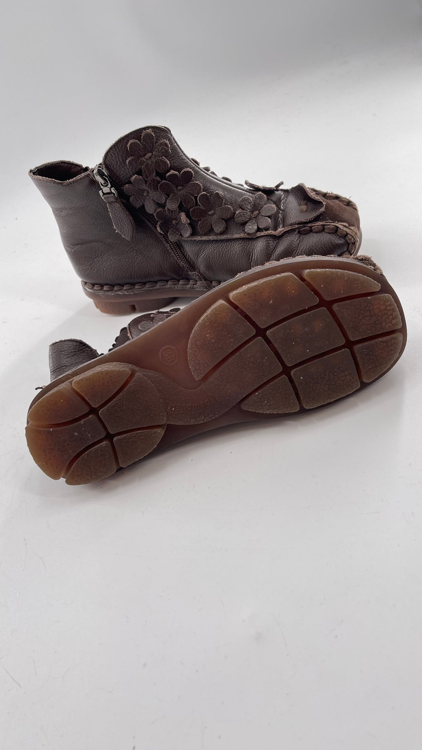 Handmade Brown Leather Flower Power Booties (38)