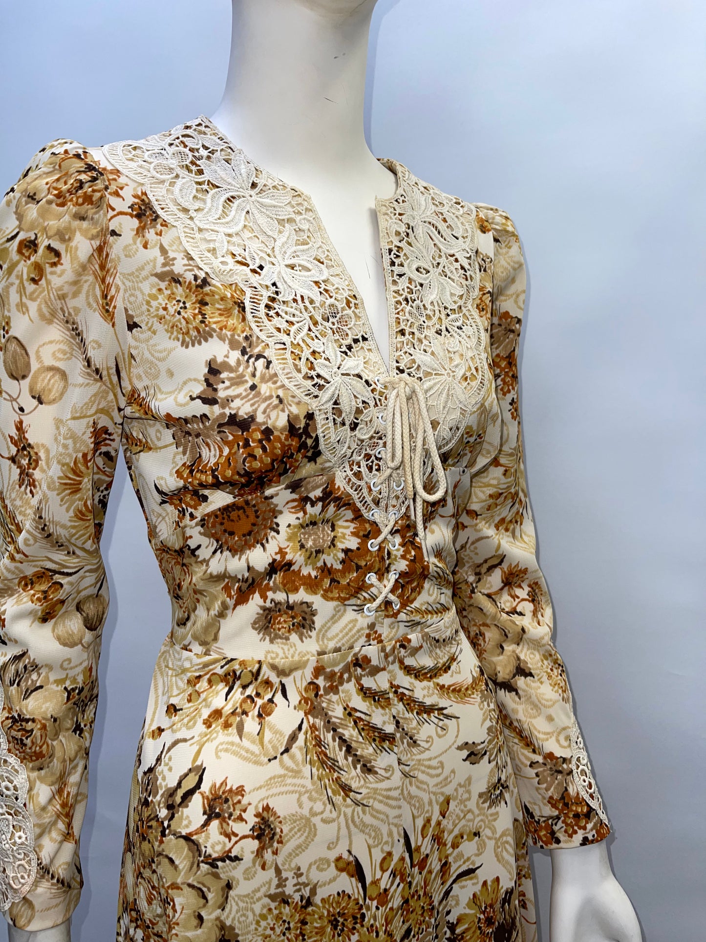 Genuine 70's Prairie Yellow Flower Patterned Midi Dress (Vintage Size 9/XS)