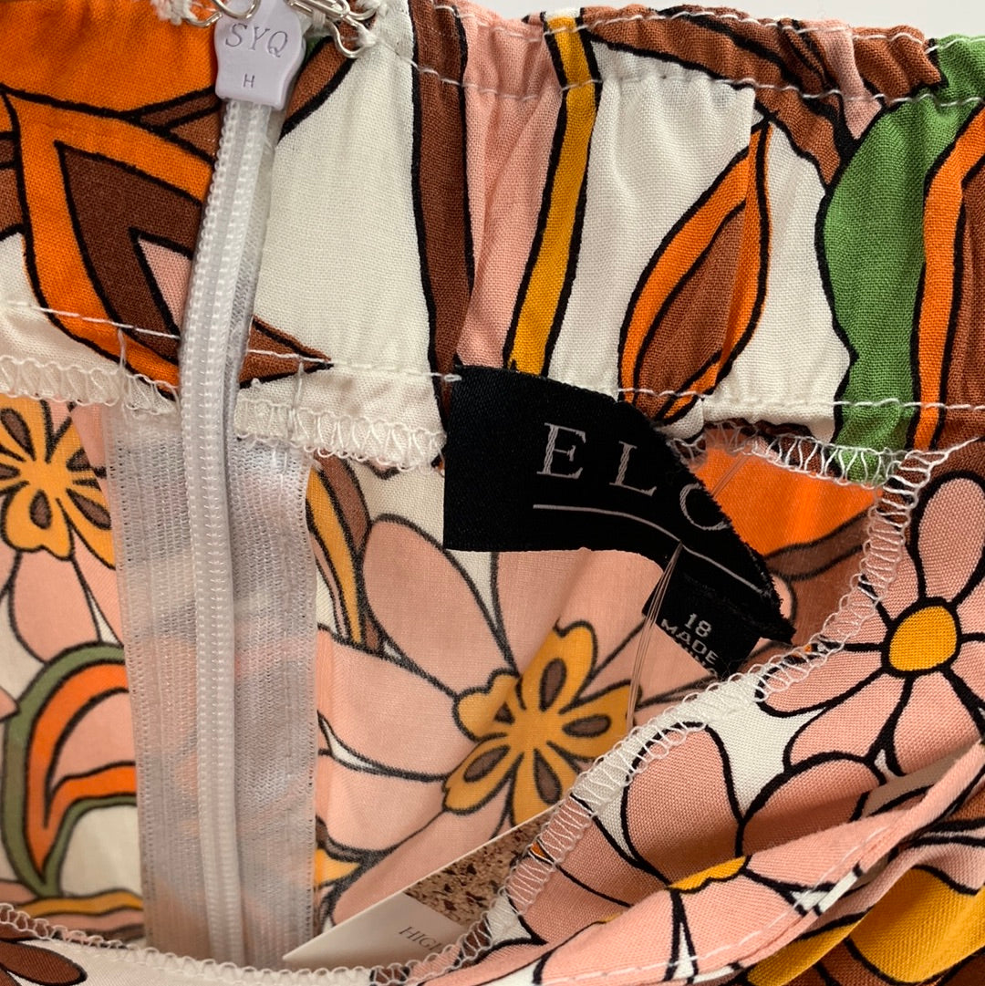 Brown / Orange Flower Cinched Side Split Skirt (Size 18)