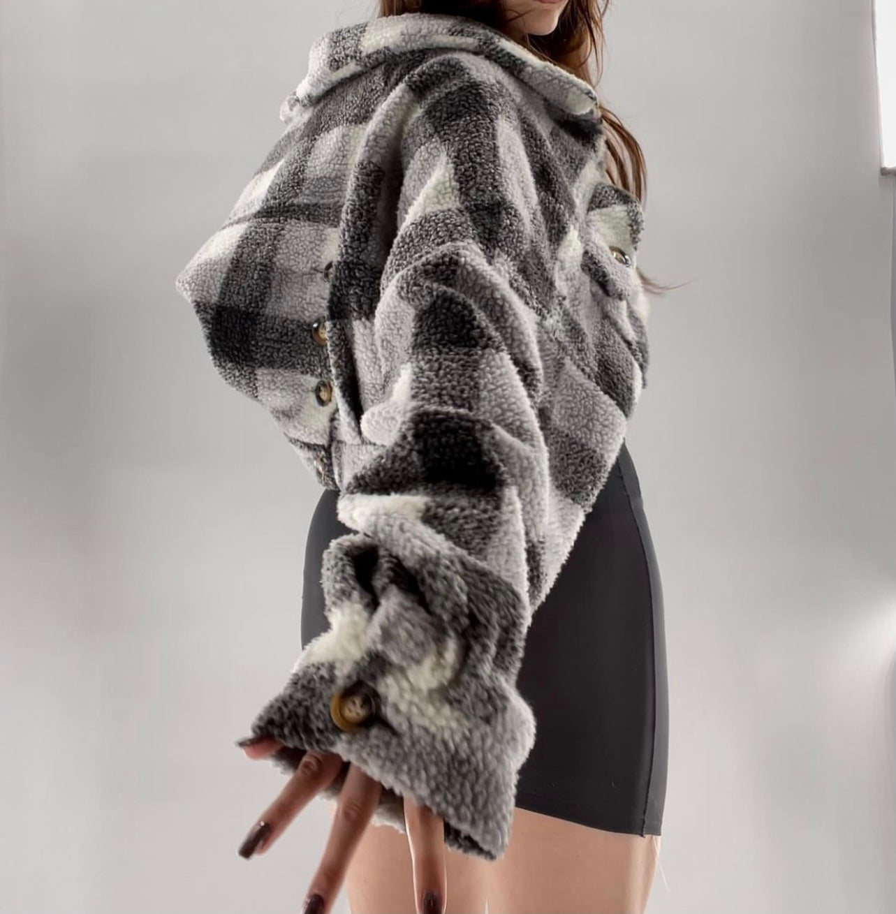 E.SSUE Cropped Sherpa Gray White Plaid Jacket (Size S)