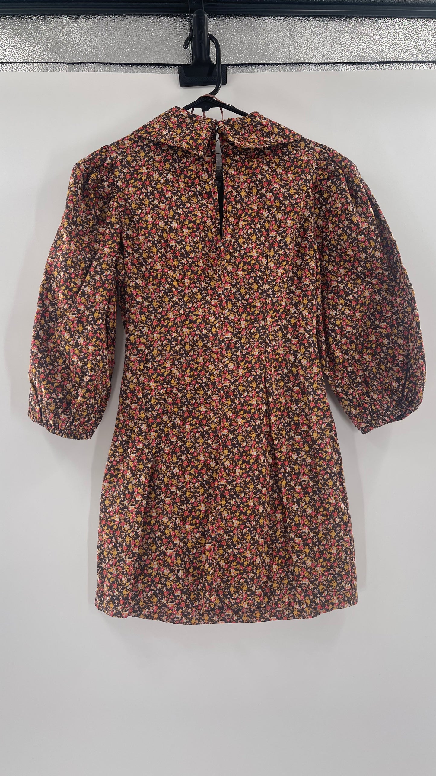 Free People Flowered Brown Print Ballon Sleeve Mini Dress With Collar (Size 2)