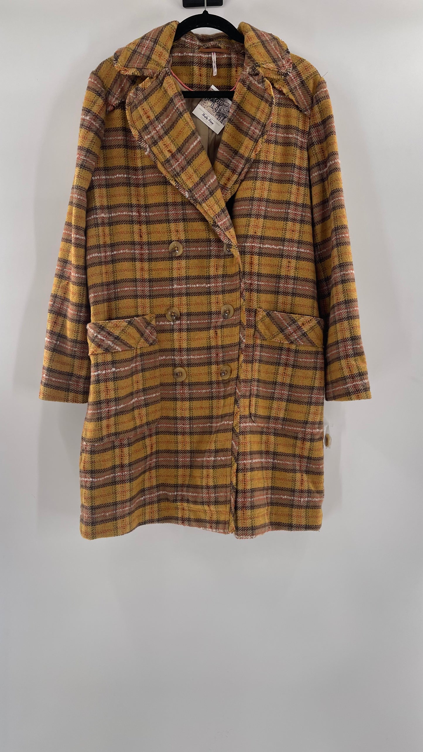 Free People Mustard  Plaid Coat - Size XS