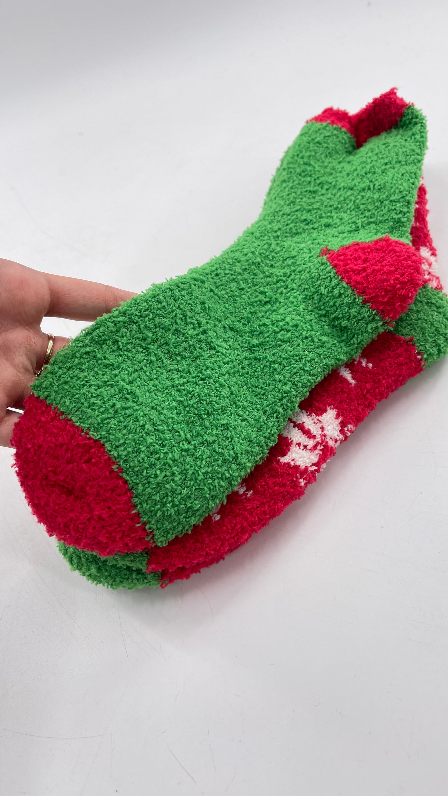 Festive Fuzzy Christmas Color Block Red Green Socks (Sz 8-12)