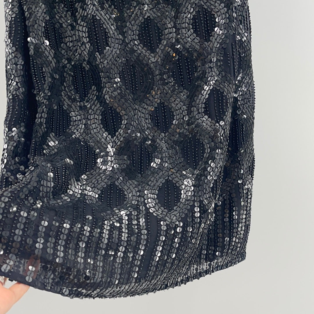 Vintage Scala Sequin with Beaded Embellishments Black Sleeveless Mini Dress (Size 6)