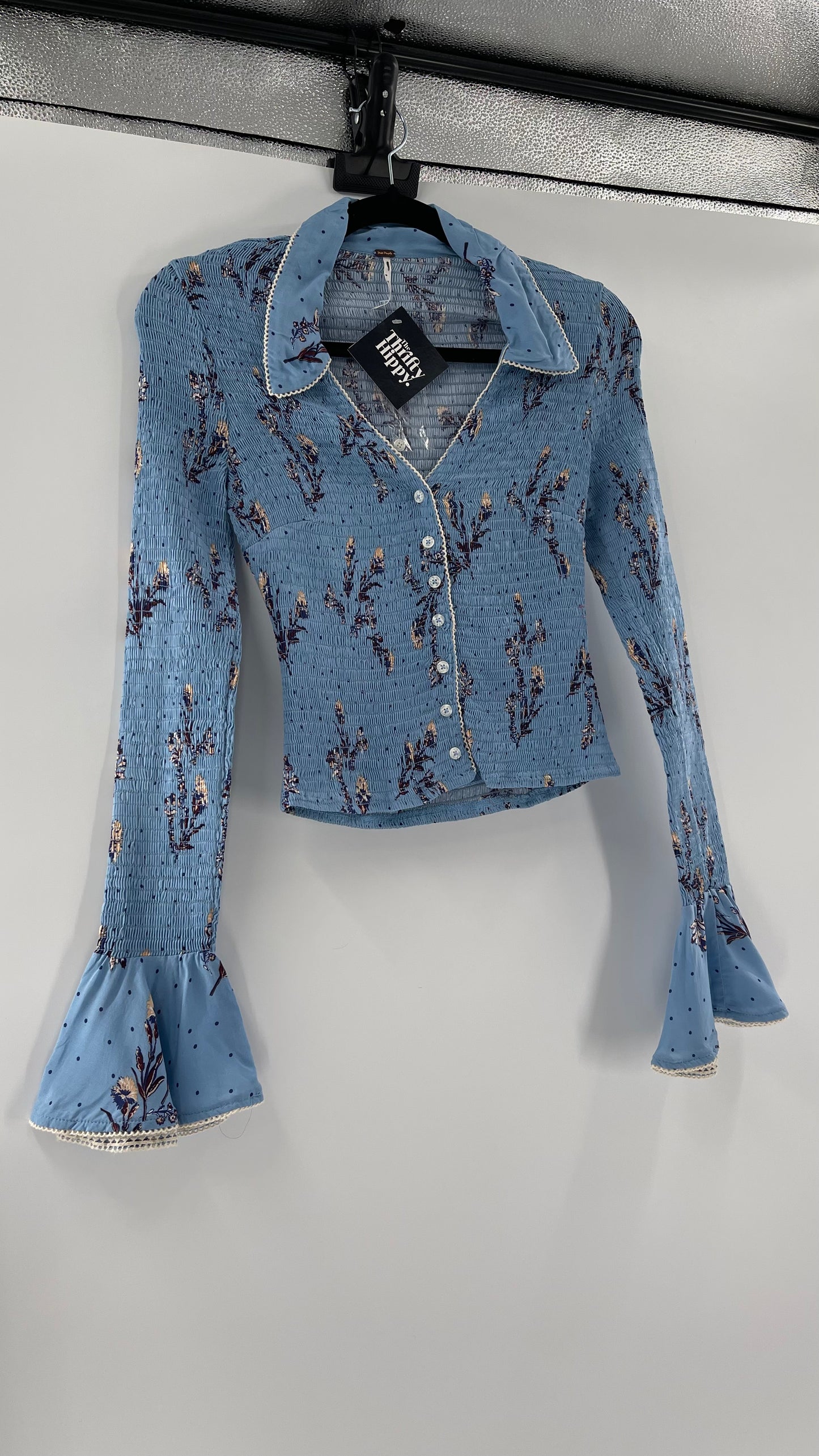 Free People Powder Blue Smocked, Collared, Bell Sleeved, Button Up (XS)