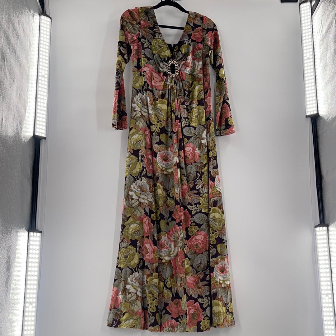 Workers Union (Vintage) Handmade Flowered Velour With Rhinestone Broche Maxi Dress (Sized M)