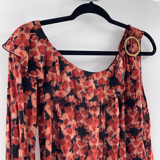Free People One Sleeve Red Patterned Top (XS)
