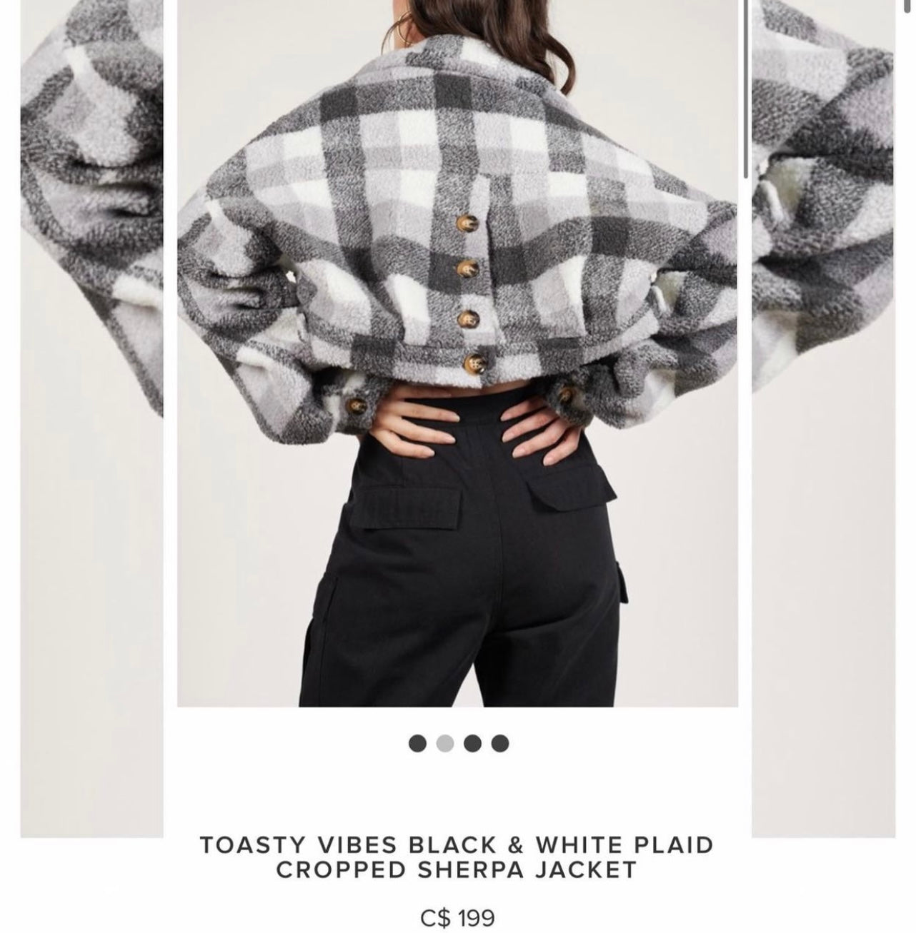 E.SSUE Cropped Sherpa Gray White Plaid Jacket (Size S)