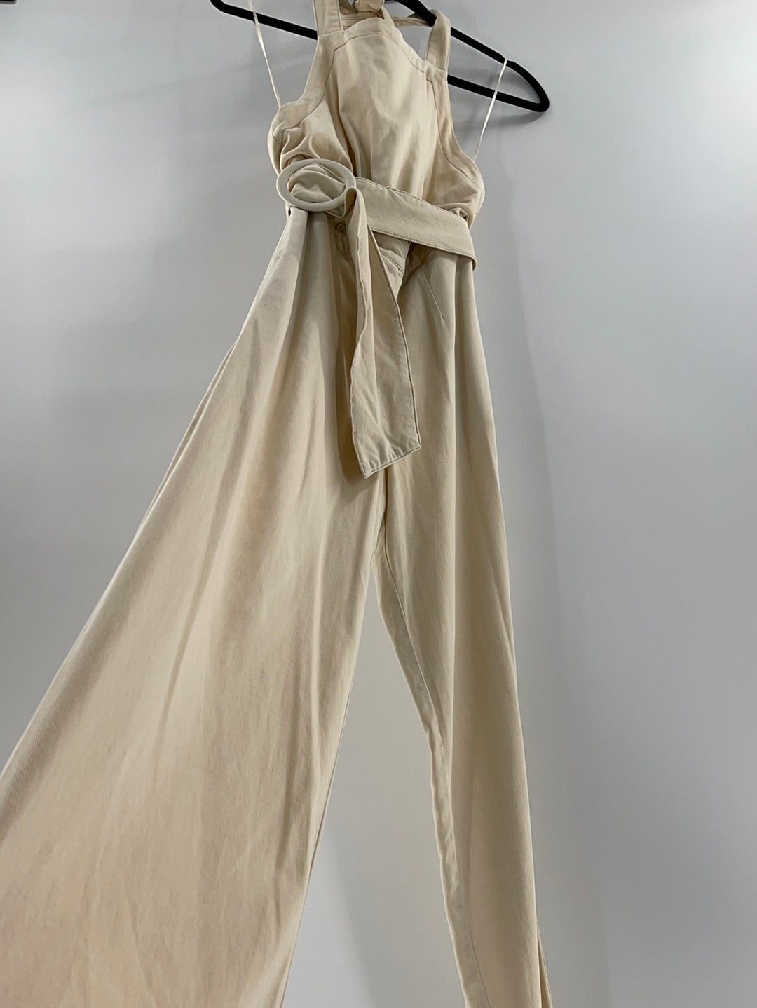 Free People Cream Halter Backless Belted Jumpsuit (Size XS)
