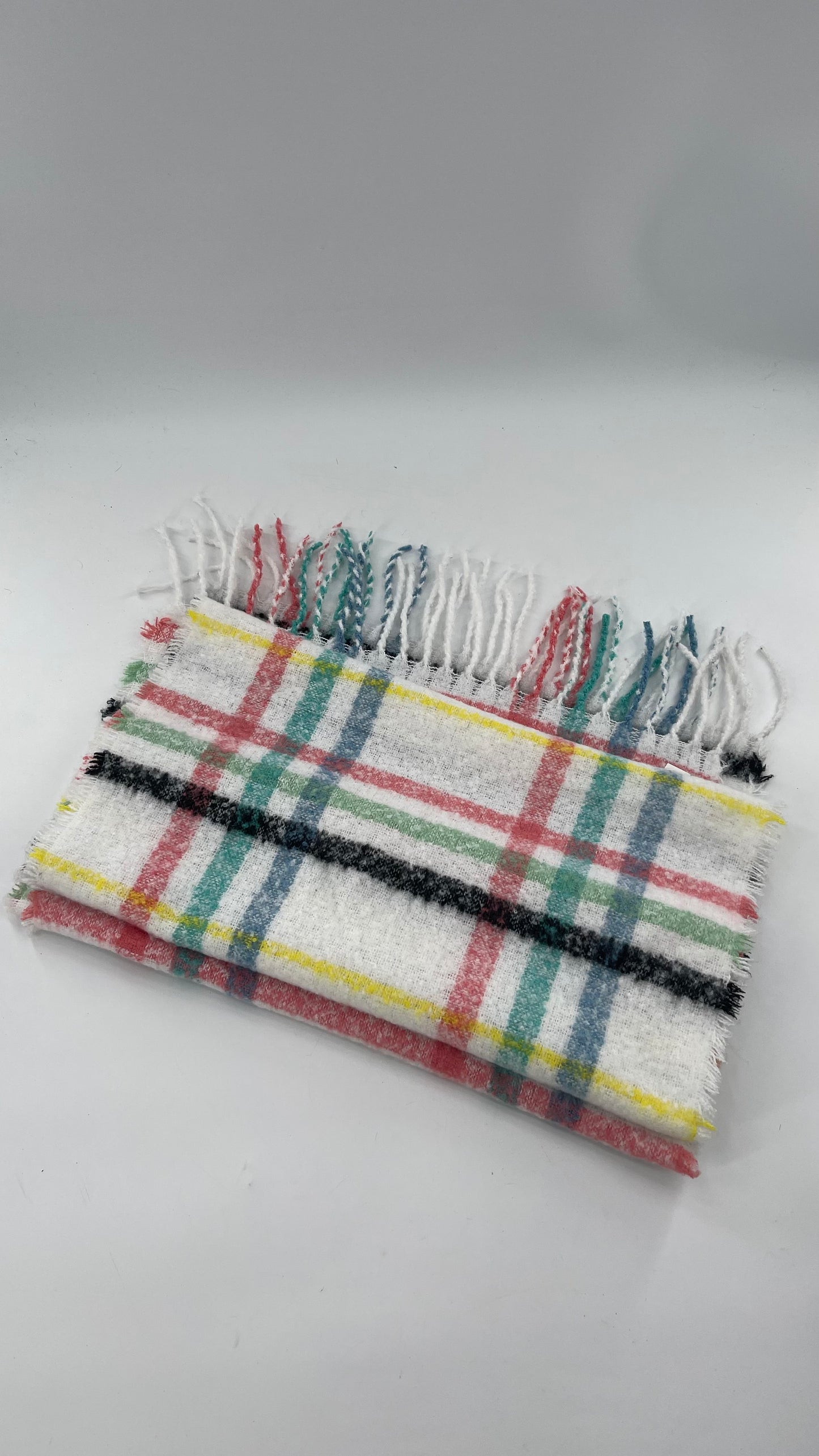Aerie White Scarf with Colorful Flannel Pattern + Fringe